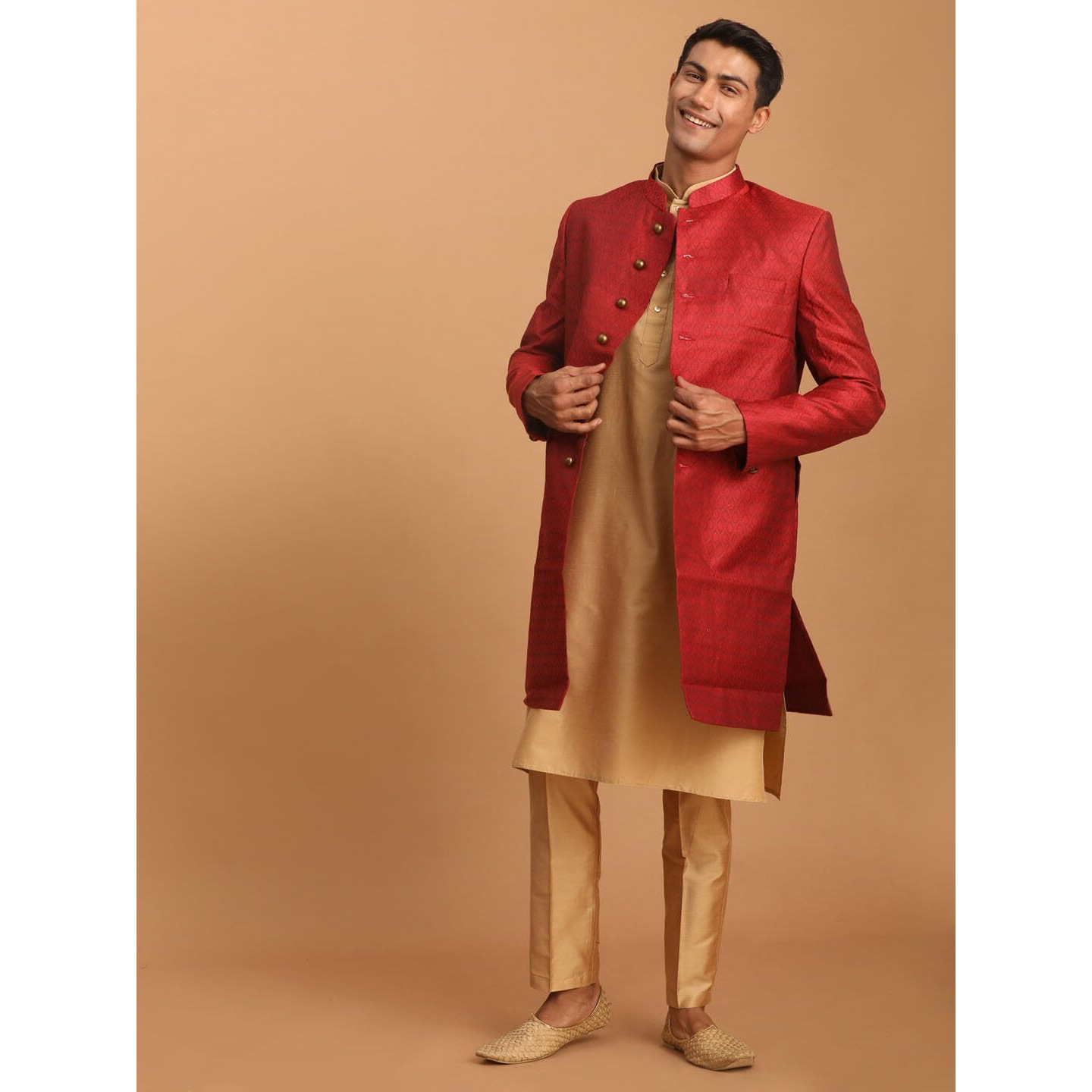 VASTRAMAY Men's Maroon And Rose Gold Cotton Blend Ethnic Combo Set_VASMIW105MAnK169RGnPANT002RG_36
