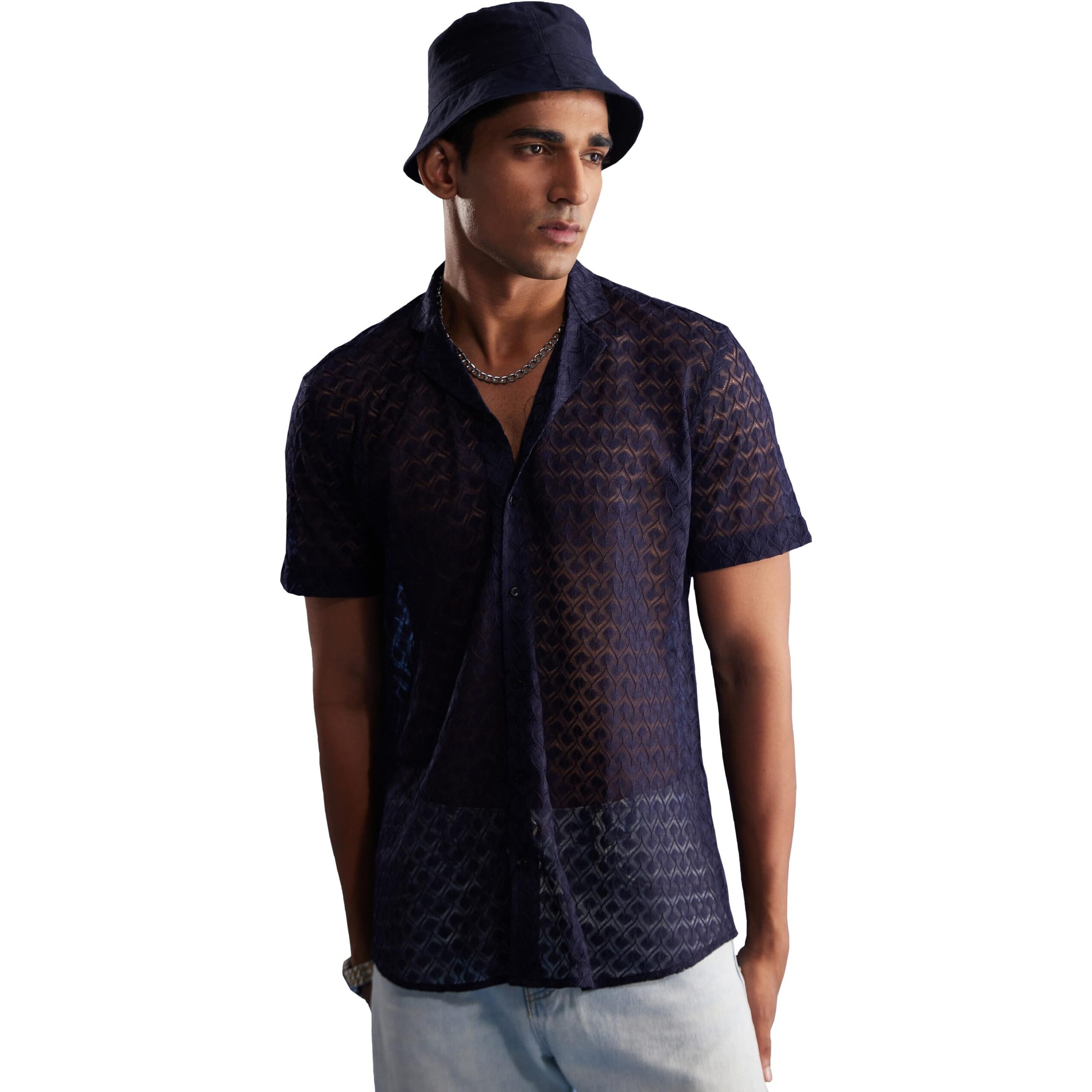 VASTRAMAY Men's Blue Net Ethnic Shirt - M_VASMSH037BU_38