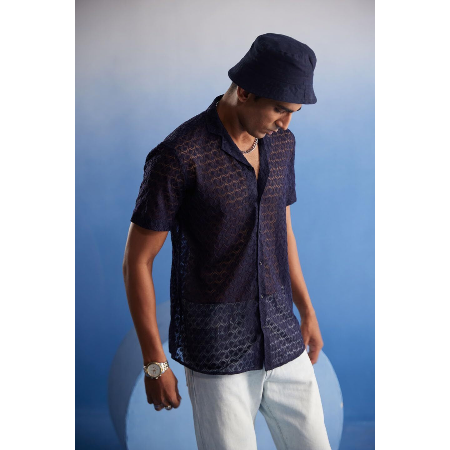 VASTRAMAY Men's Blue Net Ethnic Shirt - M_VASMSH037BU_38