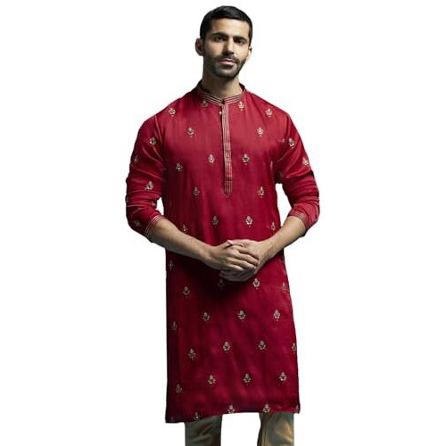 VASTRAMAY Men's Maroon Silk Blend Kurta | Silk Blend Embroidered KurtaFor Men.