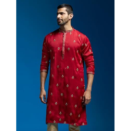 VASTRAMAY Men's Maroon Silk Blend Kurta | Silk Blend Embroidered KurtaFor Men.