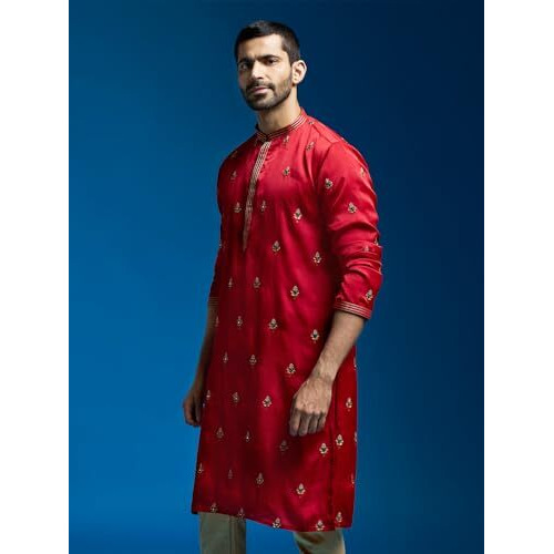 VASTRAMAY Men's Maroon Silk Blend Kurta | Silk Blend Embroidered KurtaFor Men.