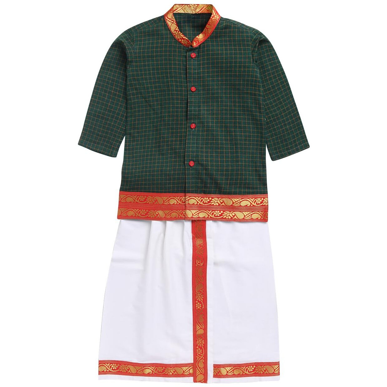 VASTRAMAY Infant Boys Green Cotton Kurta And Mundu Set For Infants.