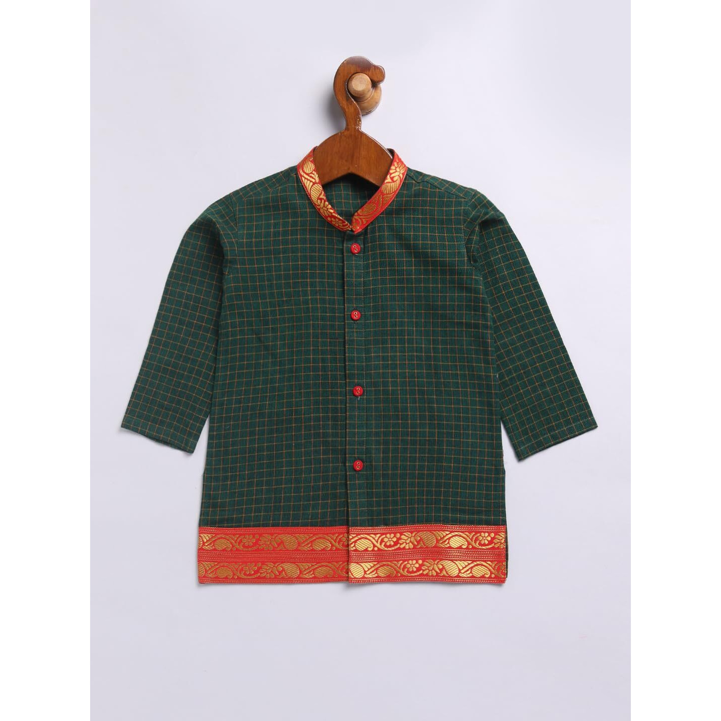 VASTRAMAY Infant Boys Green Cotton Kurta And Mundu Set For Infants.