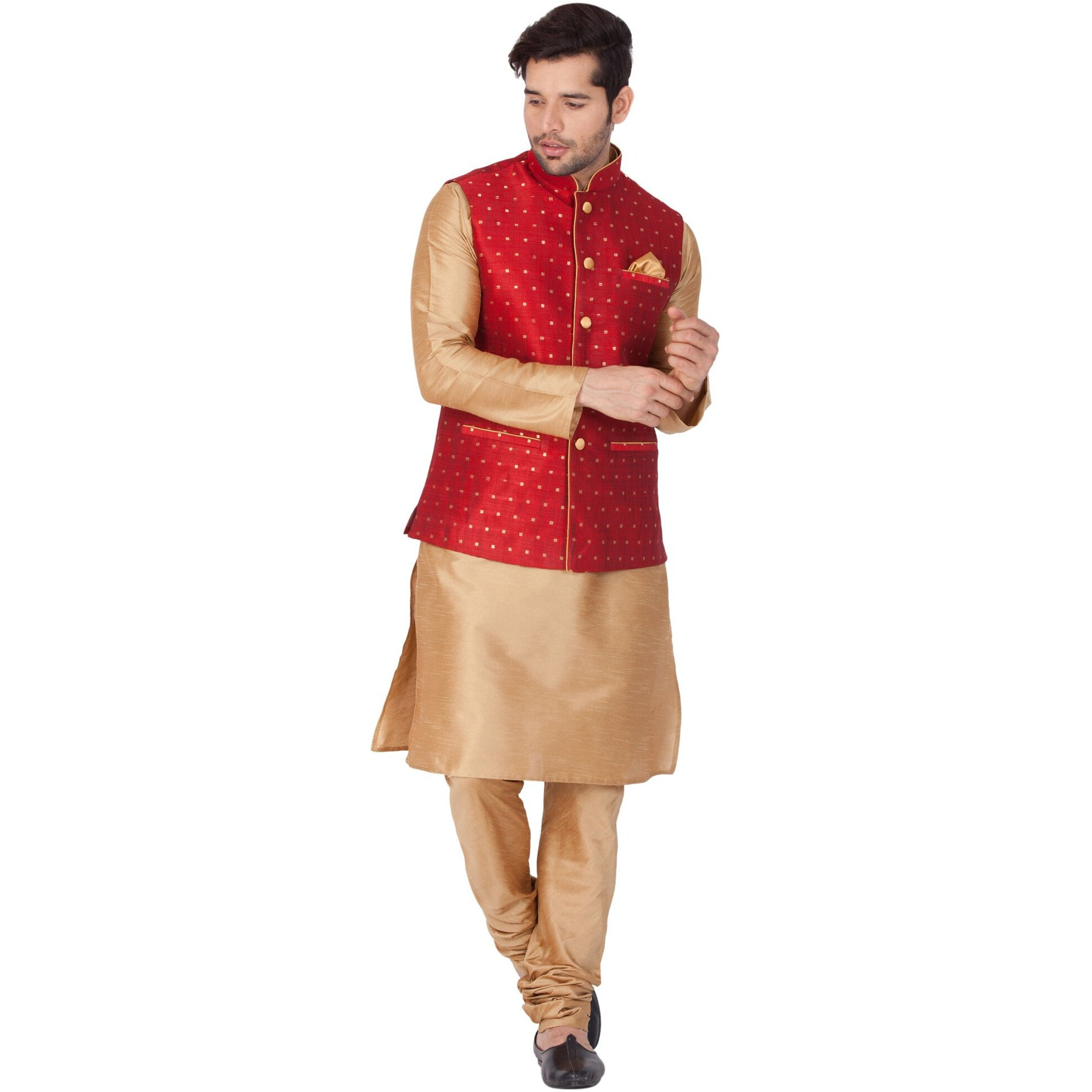 VASTRAMAY Men Cotton Silk Kurta Modi Jacket and Pyjama Set (Rose Gold_VASMJ009MAnKRG001nPRG_42)