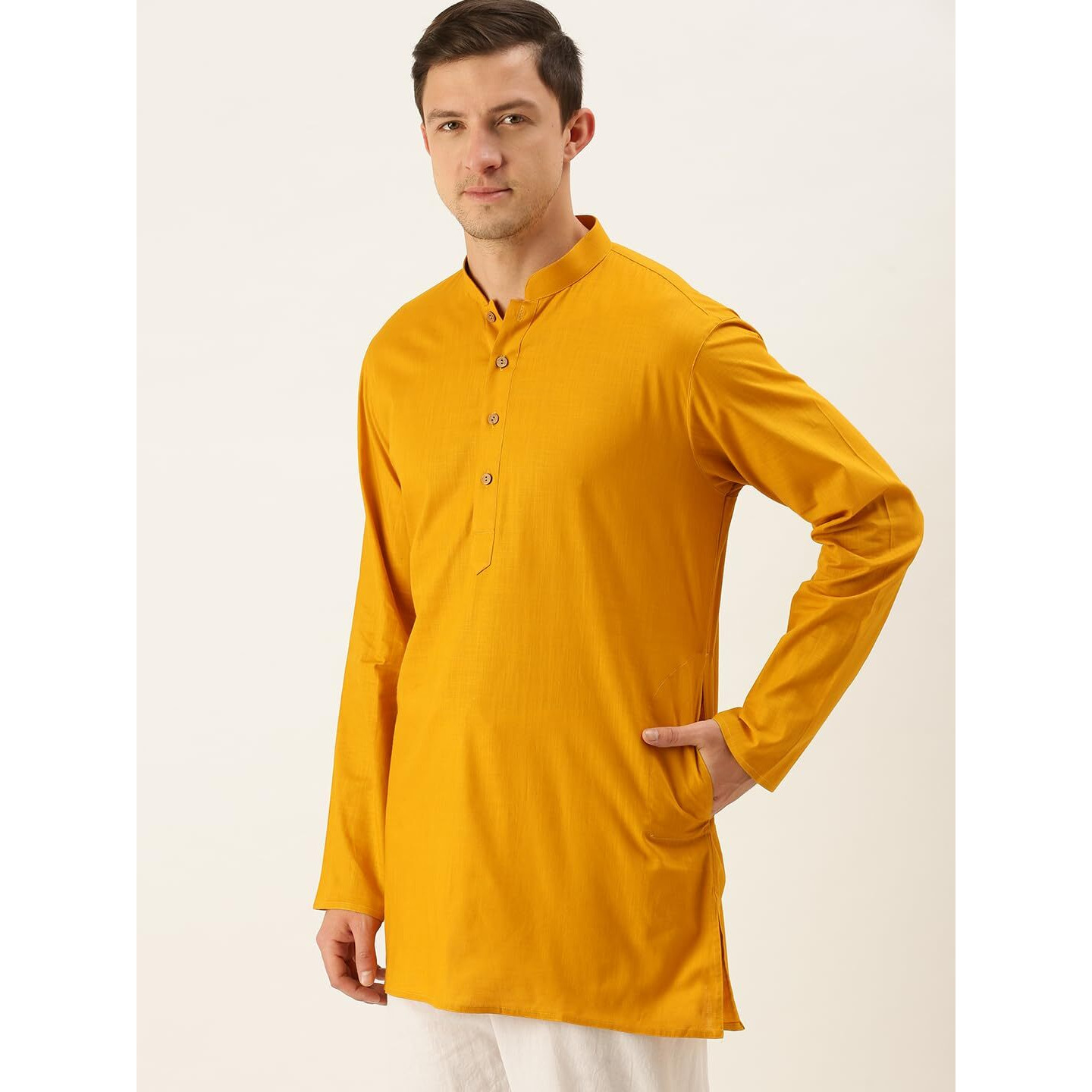 VASTRAMAY Men's Mustard Cotton Linen Short Kurta-VASMMK006MD_38