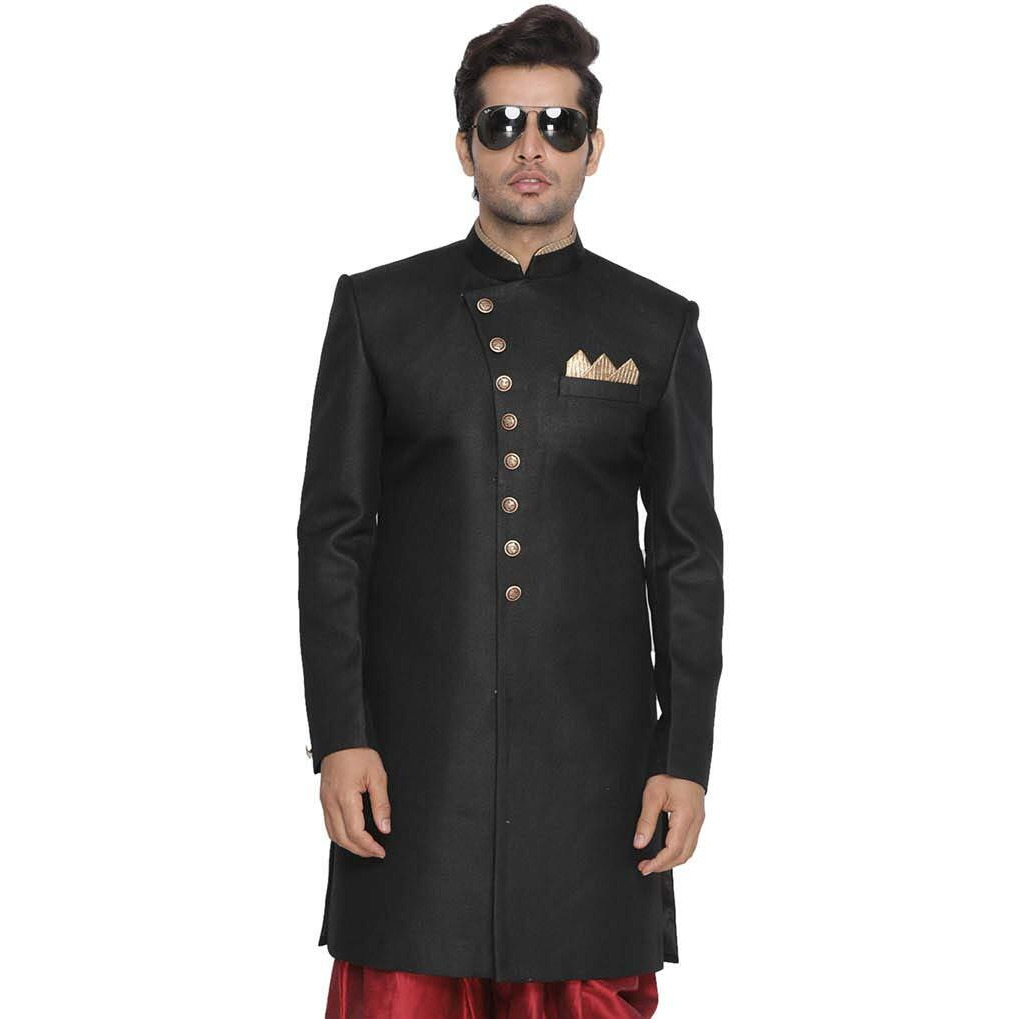 VASTRAMAY Men's Black Silk Blend Sherwani Only Top_VASMIW001BL_46