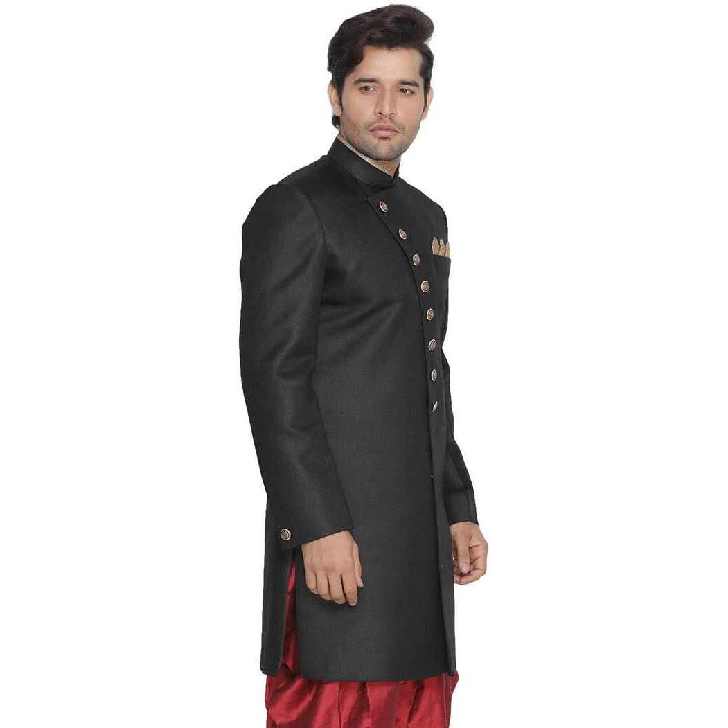 VASTRAMAY Men's Black Silk Blend Sherwani Only Top_VASMIW001BL_46