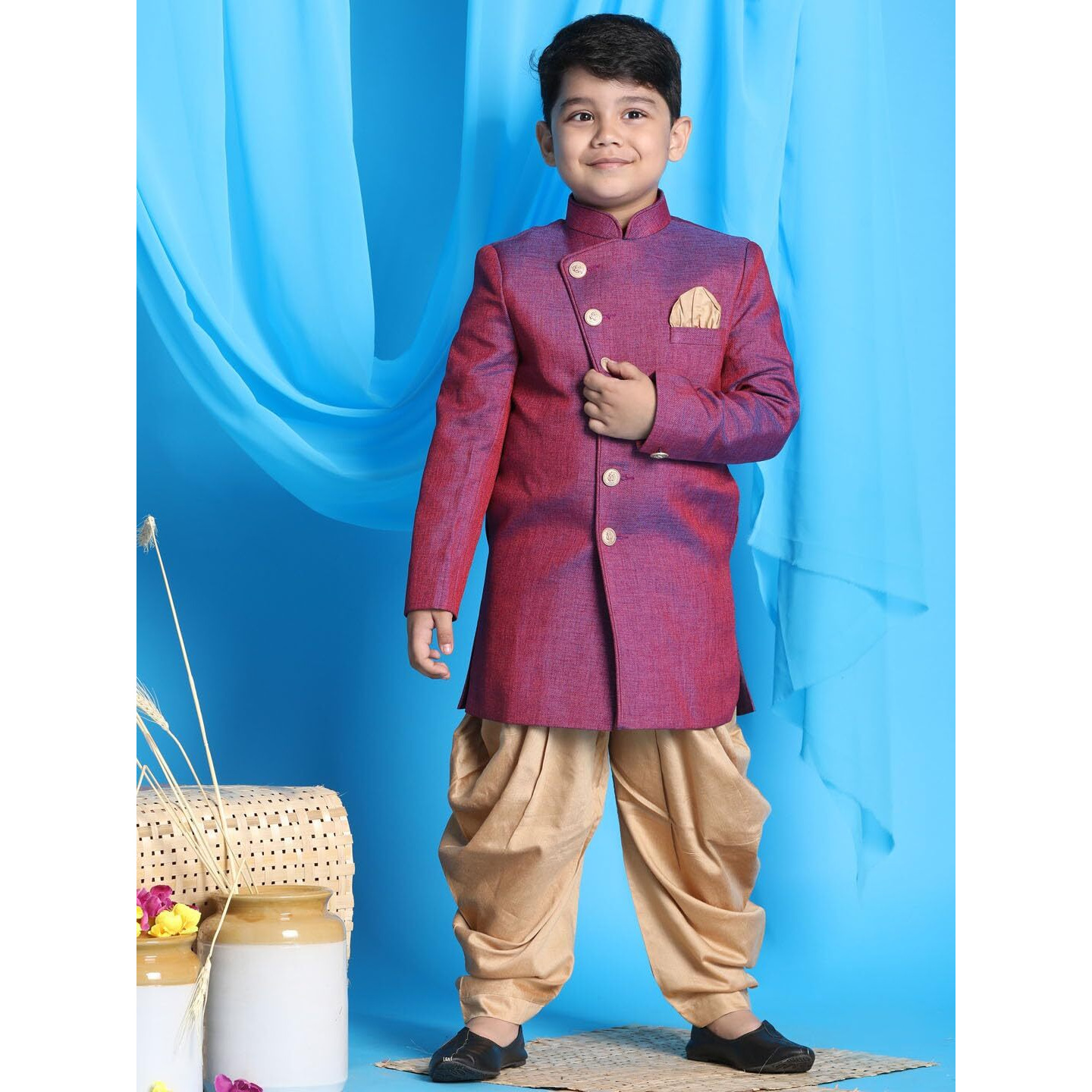 VASTRAMAY Boys' Purple And Rose Gold Sherwani Set_VASBIW025PUnCDRG_28