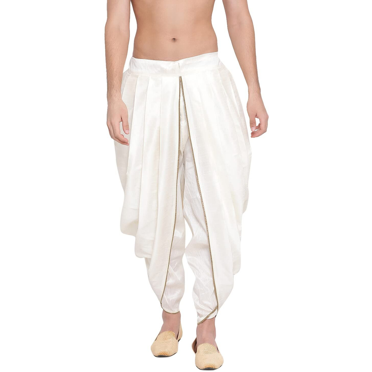 VASTRAMAY Men's Cream Silk Blend Dhoti | Embroidered Versatile Dhoti, Pair This With Any Kurta Or Sherwani | Traditional and Comfortable, Perfect for Weddings, Festivals, and Ceremonies, Onam