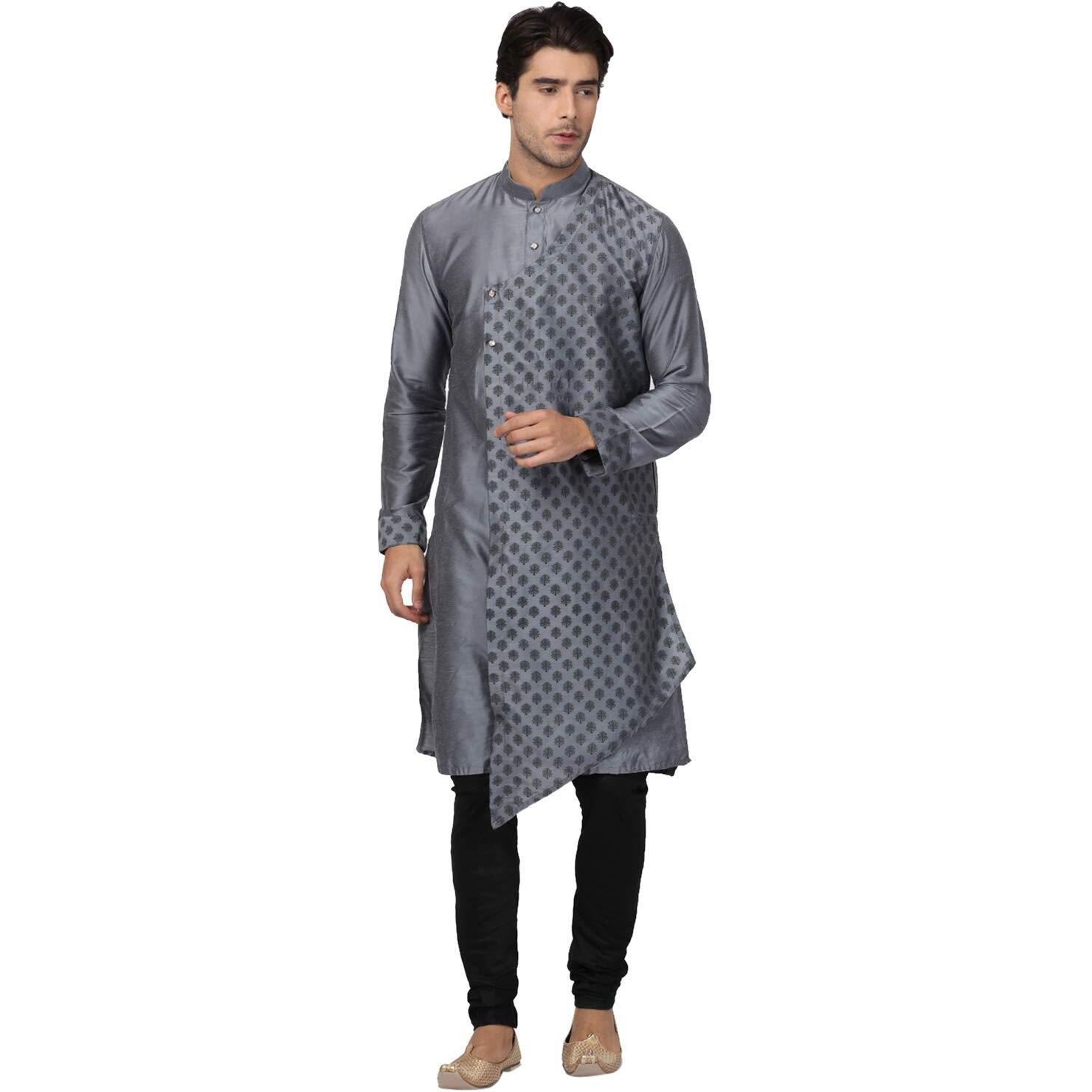 VASTRAMAY Men's Grey Cotton Silk Blend Kurta and Pyjama Set_VASMK059GYnPVBL_46