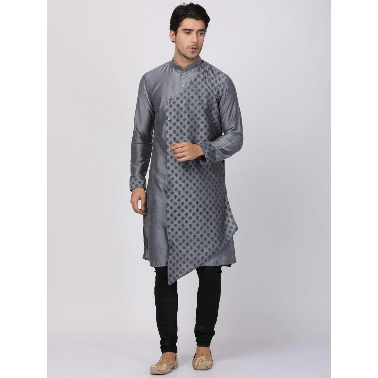 VASTRAMAY Men's Grey Cotton Silk Blend Kurta and Pyjama Set_VASMK059GYnPVBL_46