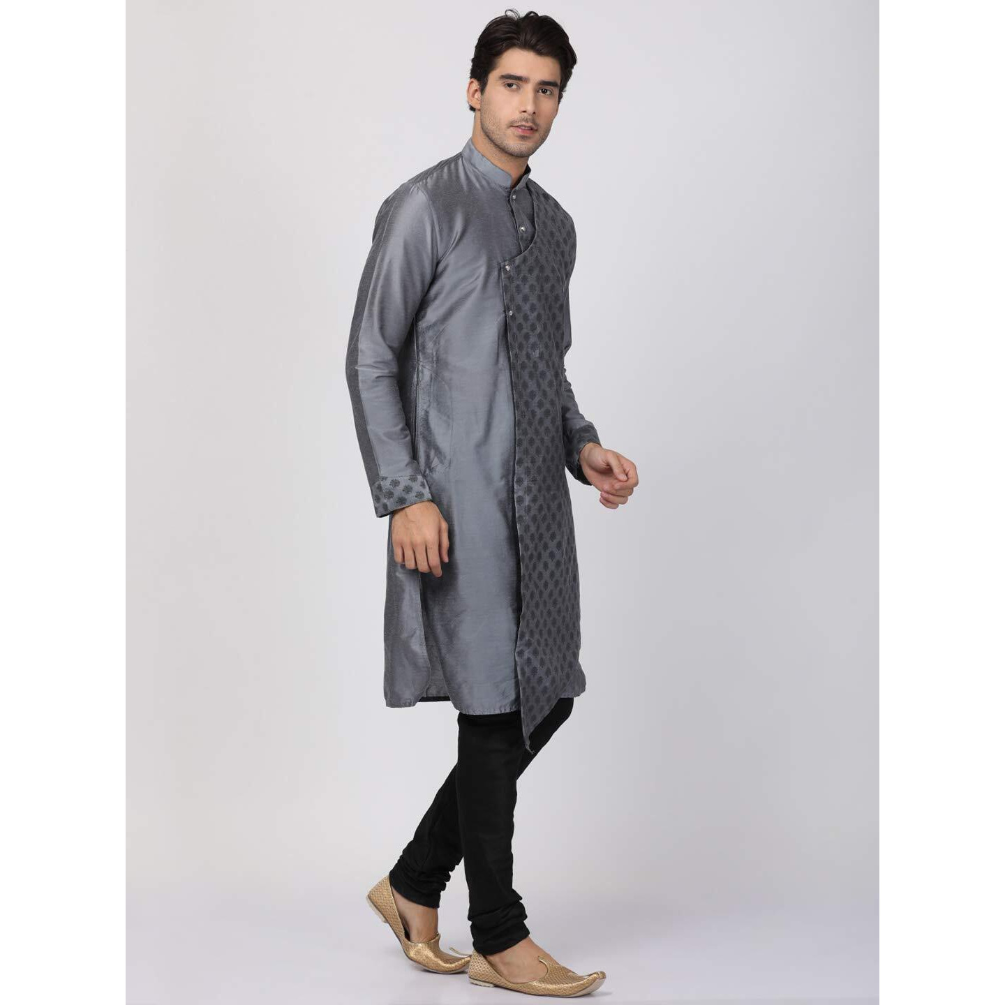 VASTRAMAY Men's Grey Cotton Silk Blend Kurta and Pyjama Set_VASMK059GYnPVBL_46