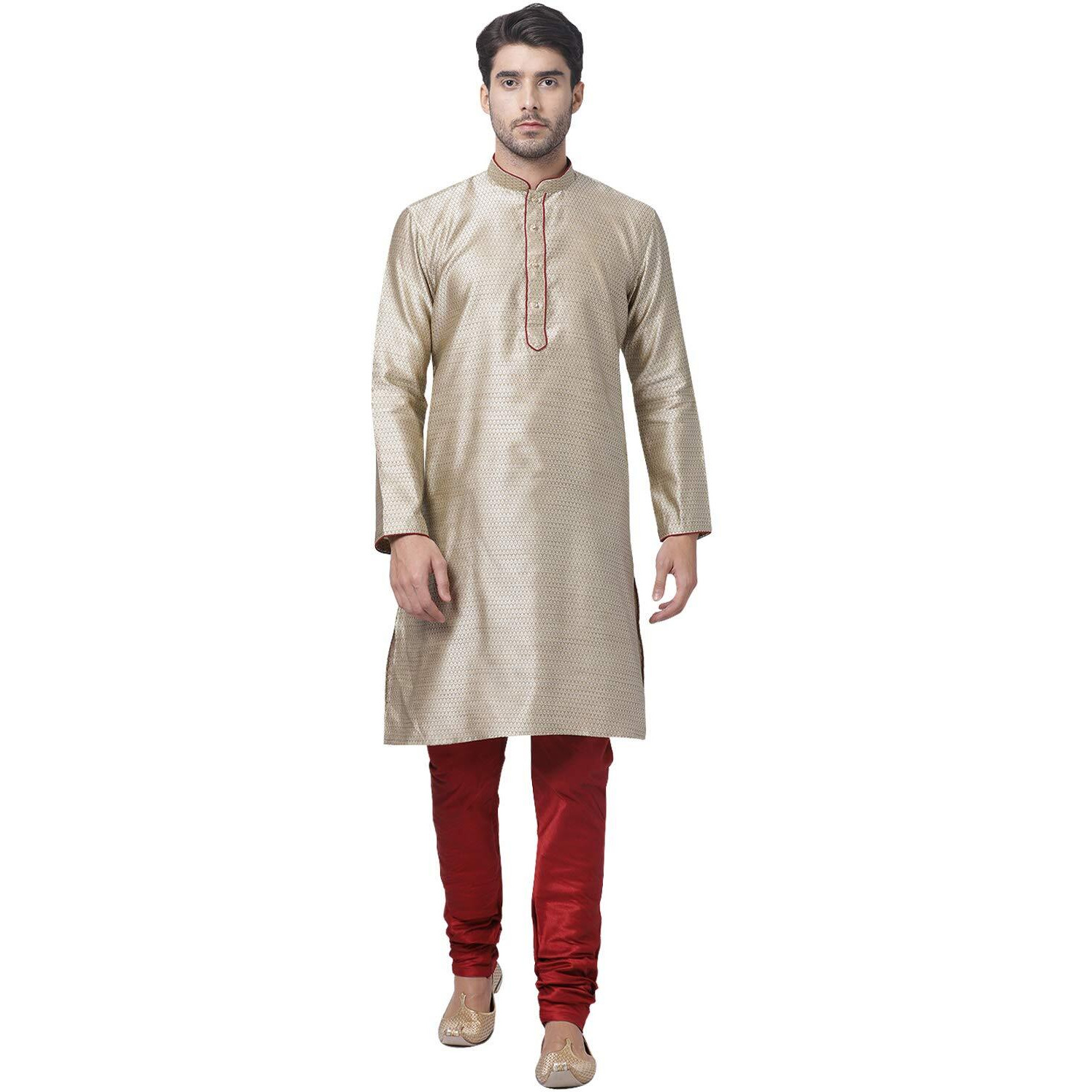 VASTRAMAY Men's Beige Cotton Silk Blend Kurta and Pyjama Set_VASMK047BGnPMA_44