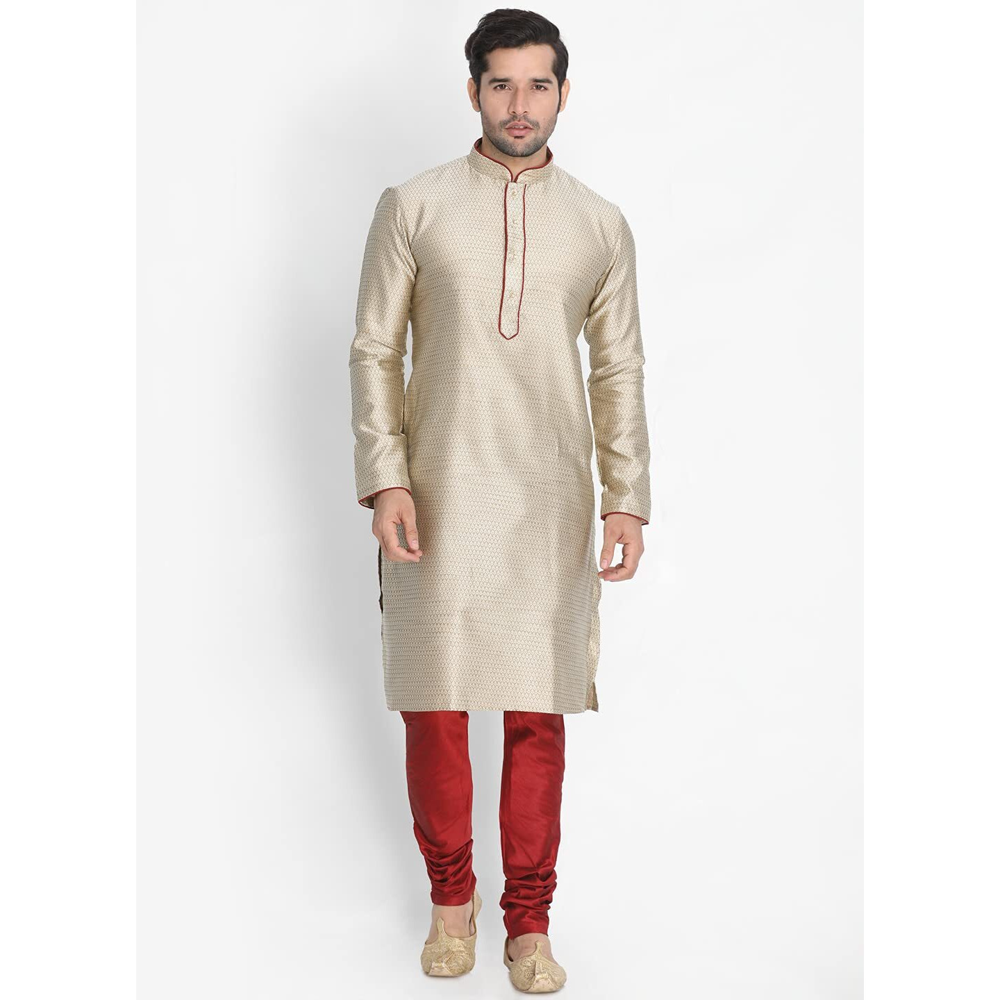 VASTRAMAY Men's Beige Cotton Silk Blend Kurta and Pyjama Set_VASMK047BGnPMA_44