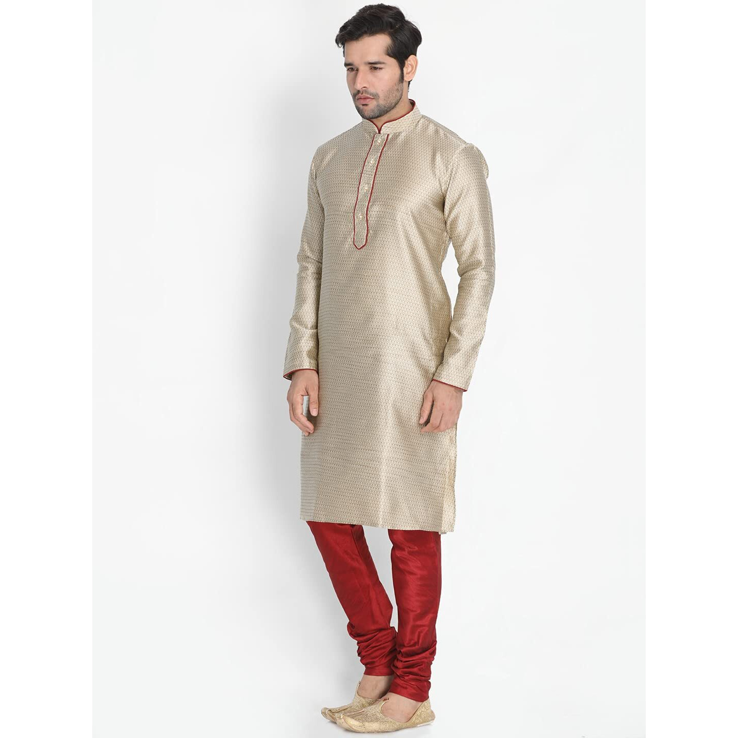 VASTRAMAY Men's Beige Cotton Silk Blend Kurta and Pyjama Set_VASMK047BGnPMA_44