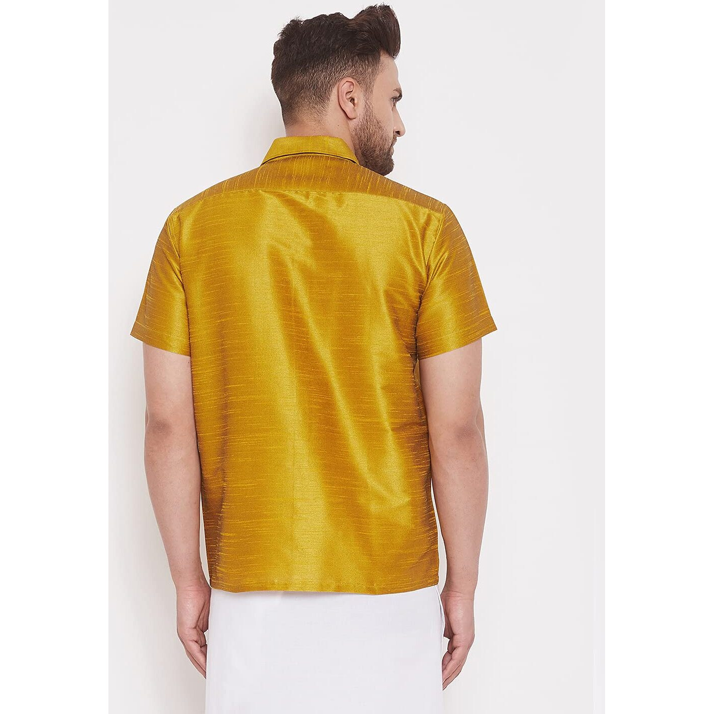 VASTRAMAY Men's Mustard Yellow Silk Blend Ethnic Shirt Half Sleeves  South Indian Traditional Chennai Shirt for Weddings, Parties, and Festive Occasions (Sizes S - XL)
