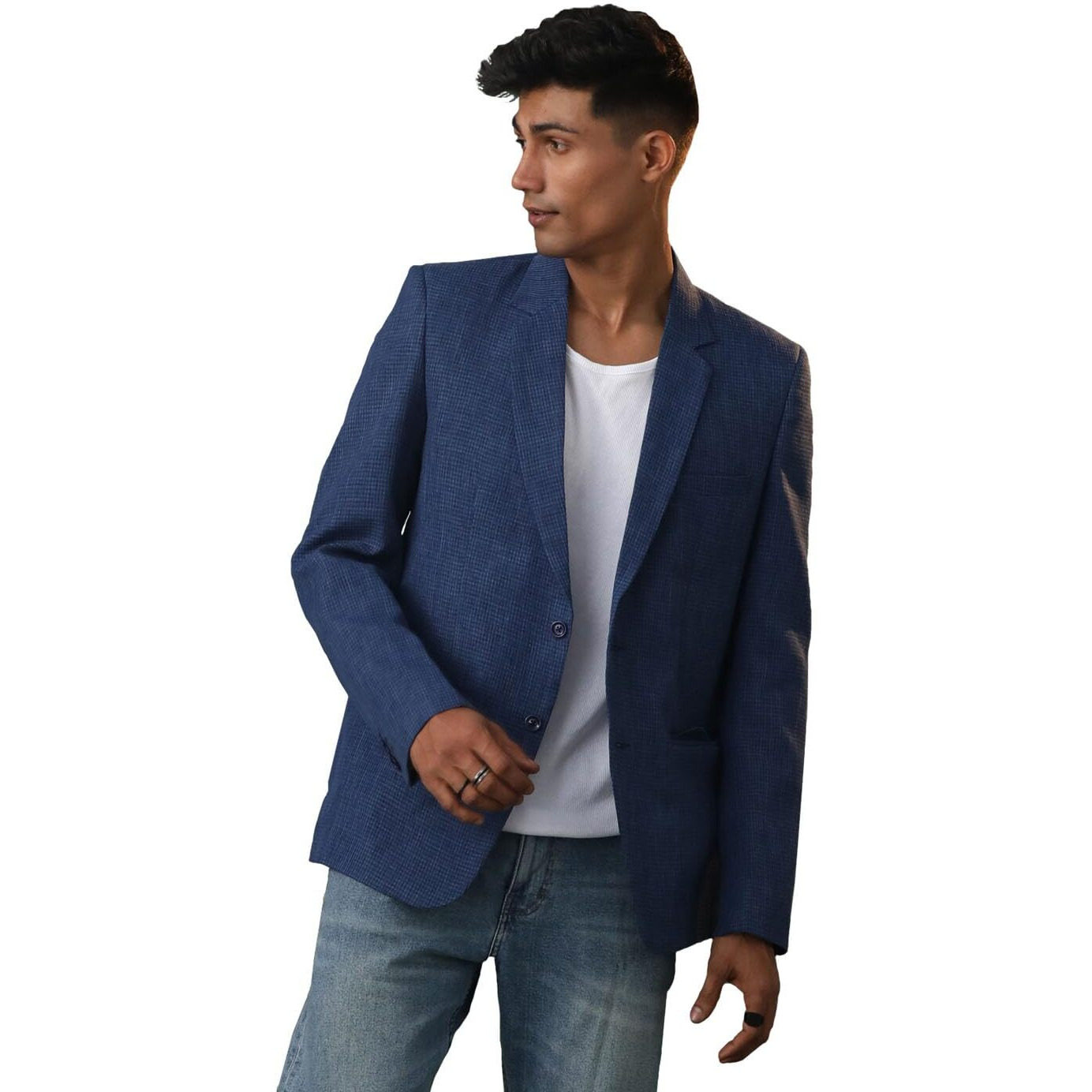 VASTRAMAY Men's Jute Silk Blazer I All Printed Checked Slim Fit Blazer I Everyday Casuals Festive Blazer for Men_VSHVMCT032BU_42 Blue