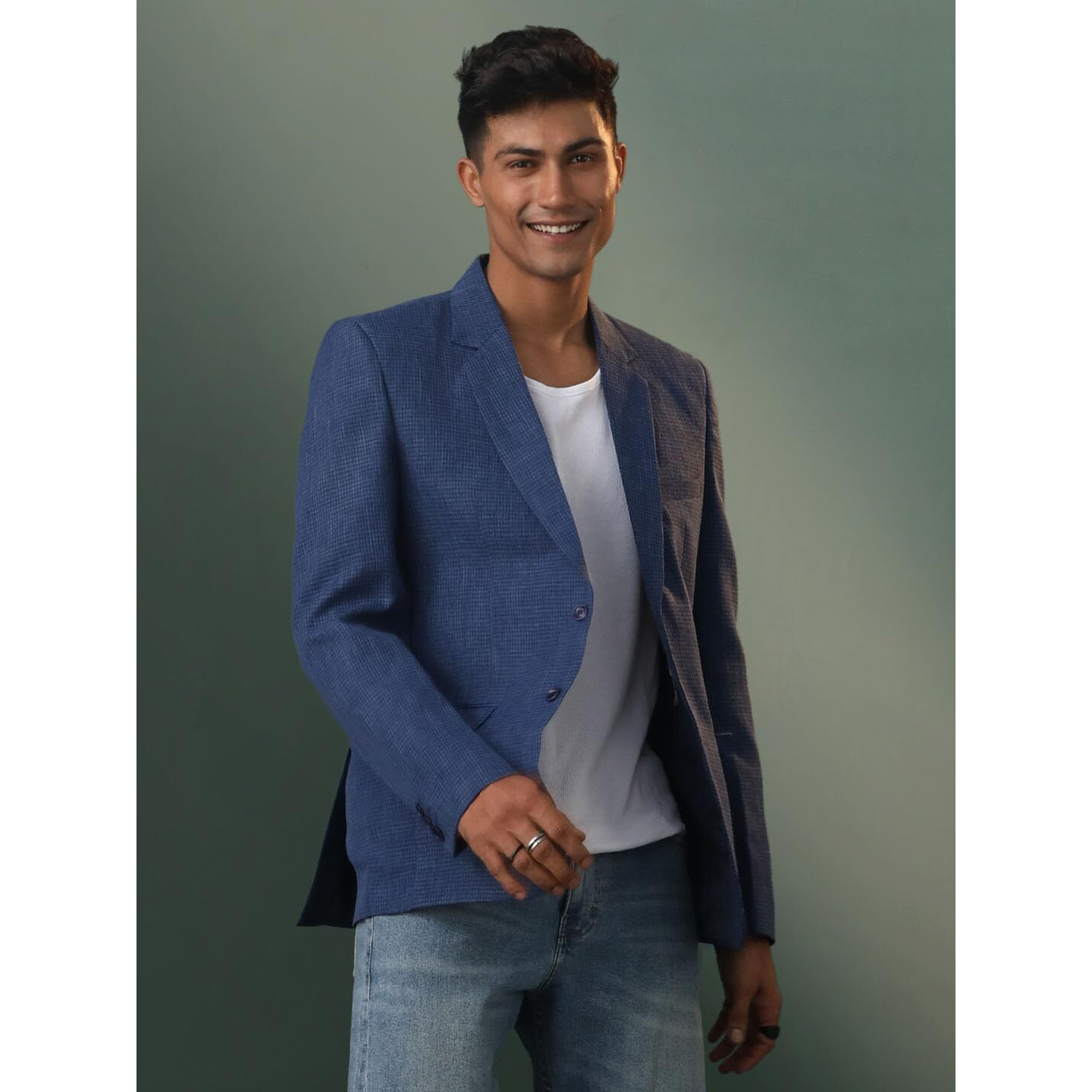 VASTRAMAY Men's Jute Silk Blazer I All Printed Checked Slim Fit Blazer I Everyday Casuals Festive Blazer for Men_VSHVMCT032BU_42 Blue