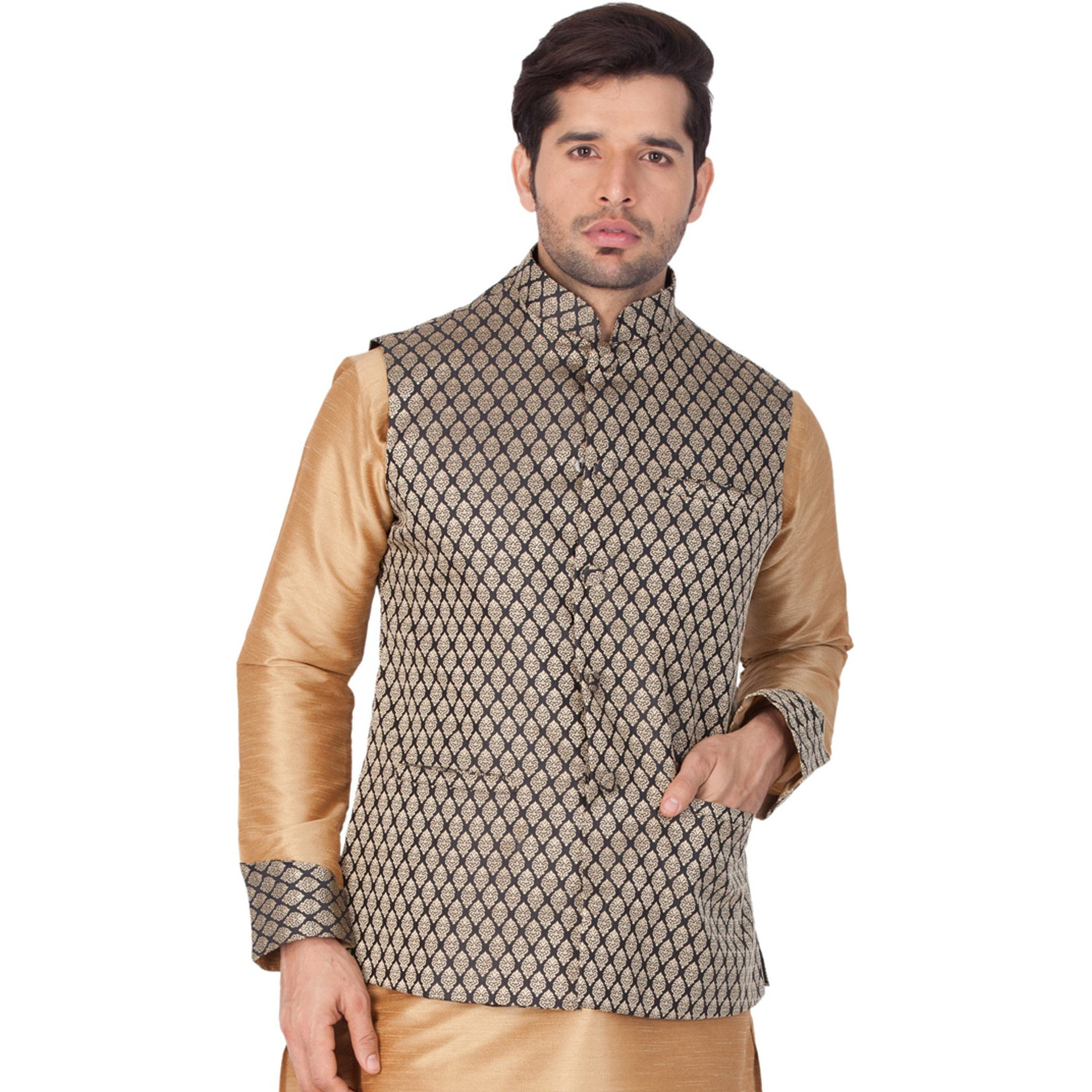 VASTRAMAY Mens Silk Blend Nehru Jackets (Black_VASMJBL005_42)