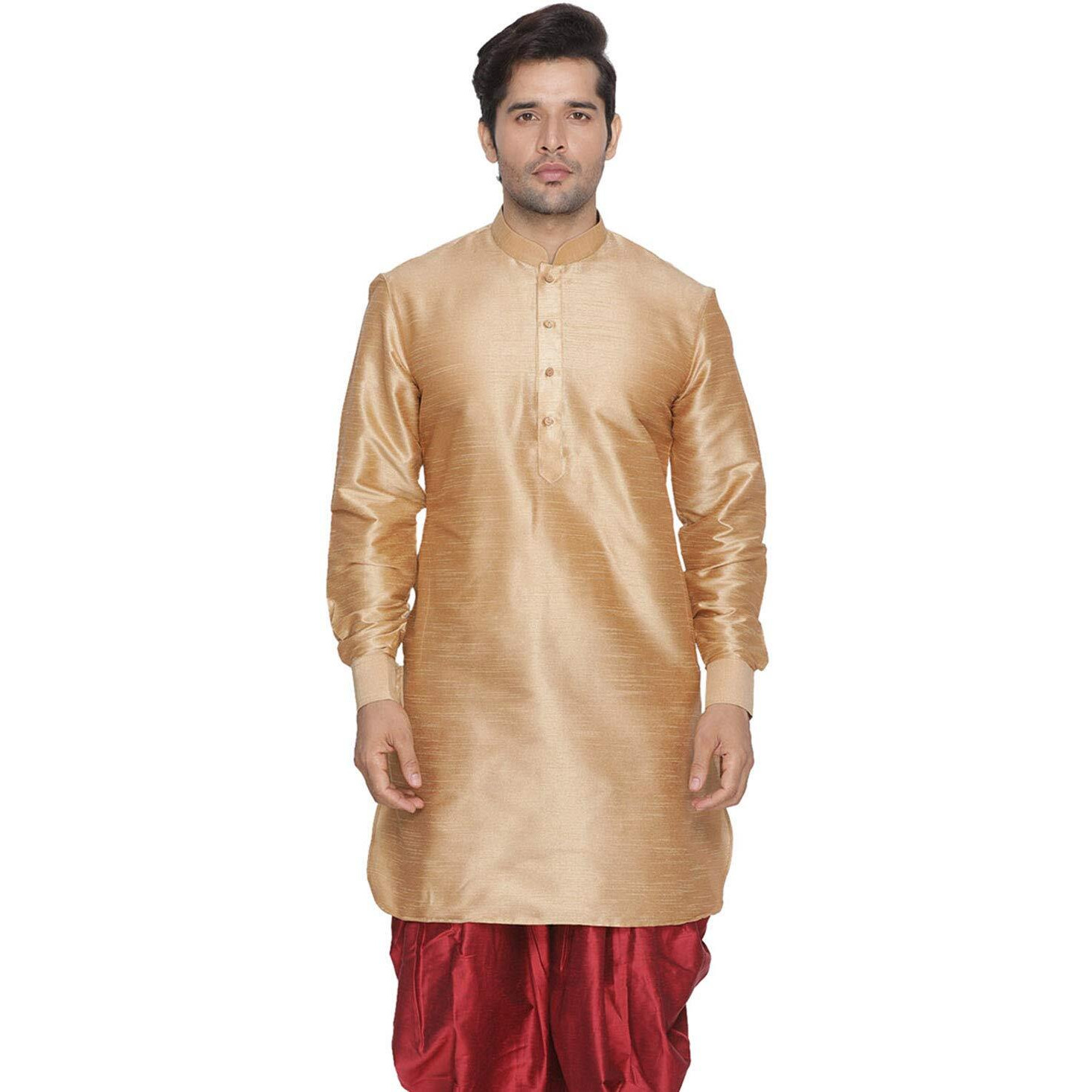 VASTRAMAY Men Gold Cotton Silk Only Kurta - Pathani Style (VASMUK001RG_46)