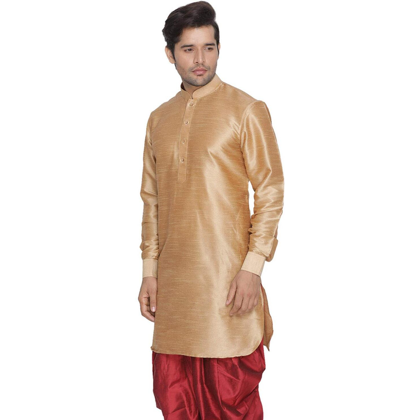 VASTRAMAY Men Gold Cotton Silk Only Kurta - Pathani Style (VASMUK001RG_46)