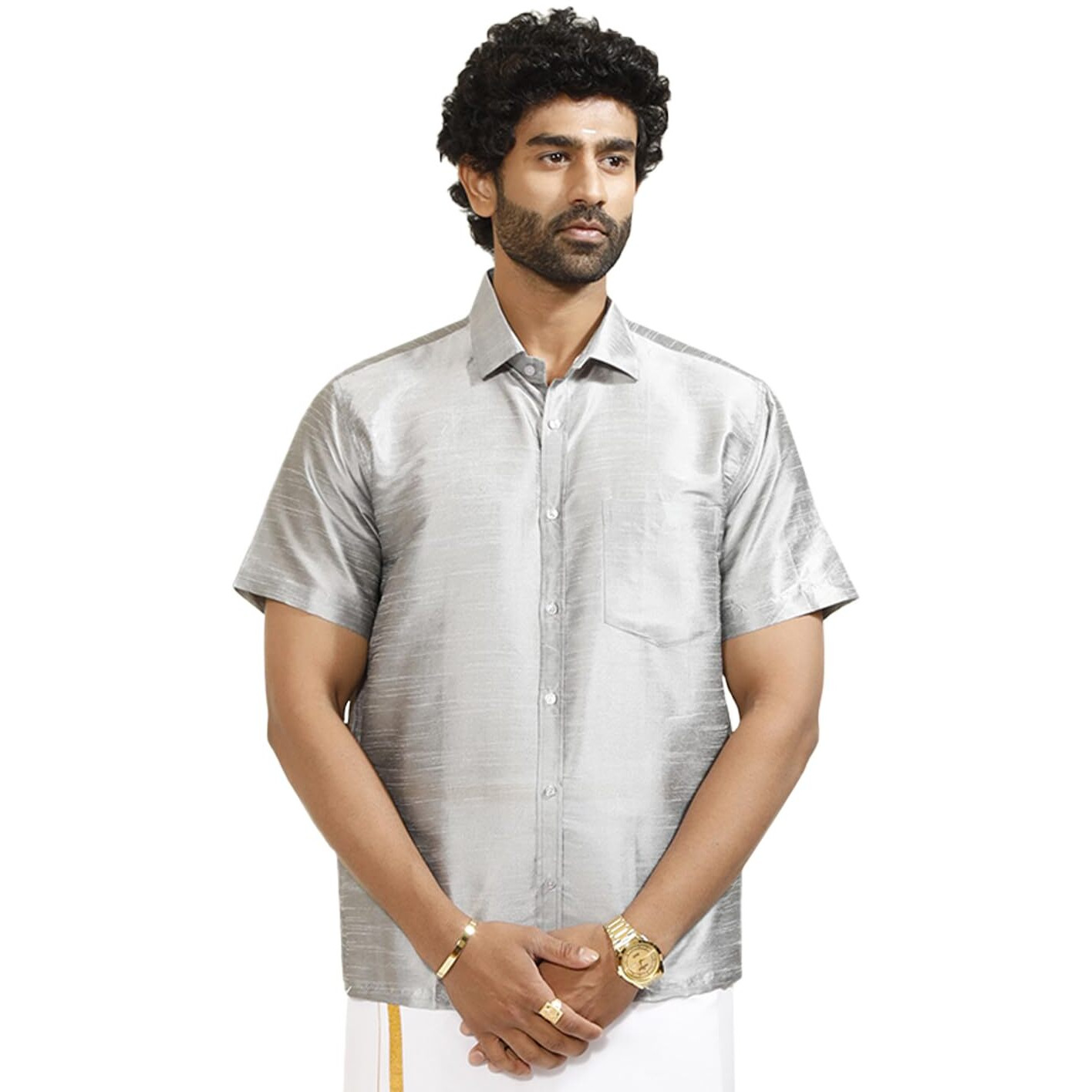 VASTRAMAY Mens Cotton Silk Ethnic Shirt (Grey_VASMSHGY001_38)