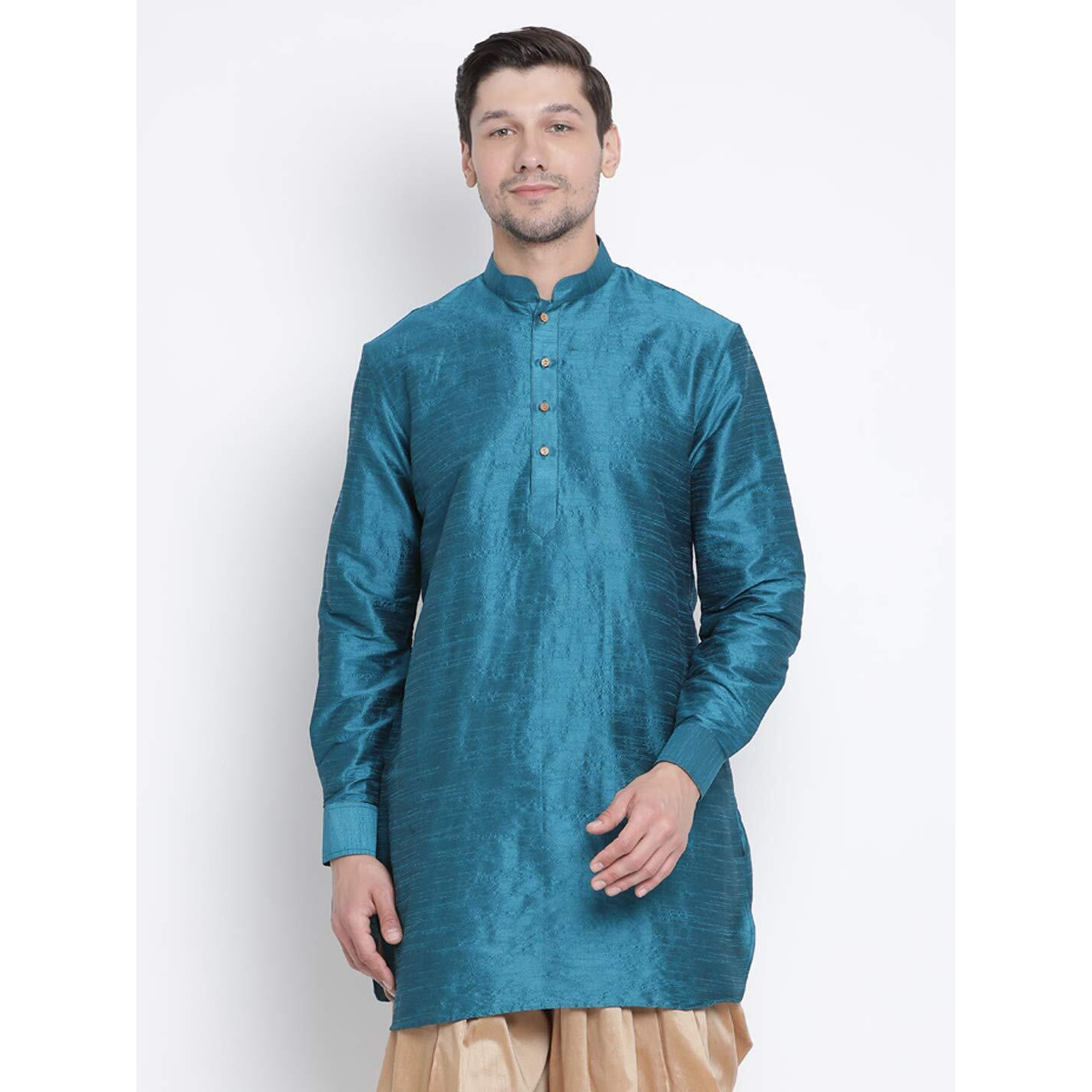 VASTRAMAY Men's Tarquoise Cotton Silk Blend Kurta_VASMUK001TQ_46