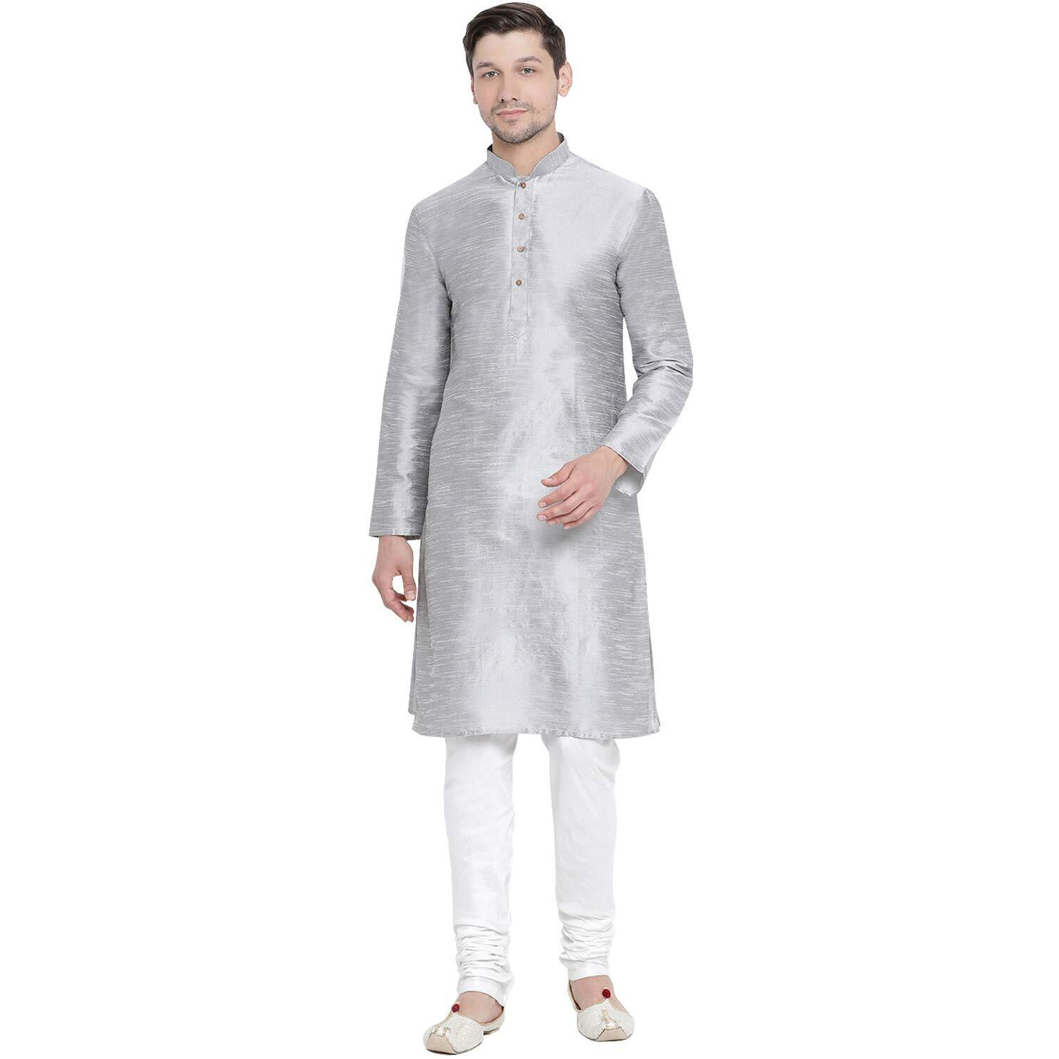 VASTRAMAY Men's Grey Cotton Silk Blend Kurta and Pyjama Set_VASMKGY001nPDWH_38