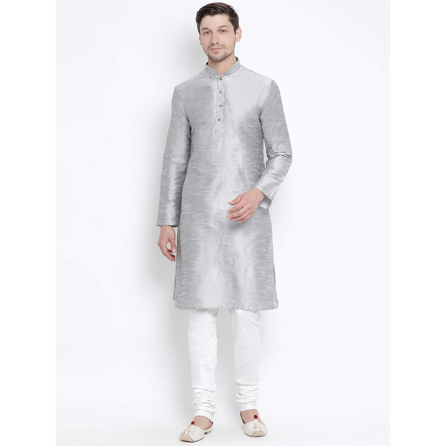 VASTRAMAY Men's Grey Cotton Silk Blend Kurta and Pyjama Set_VASMKGY001nPDWH_38