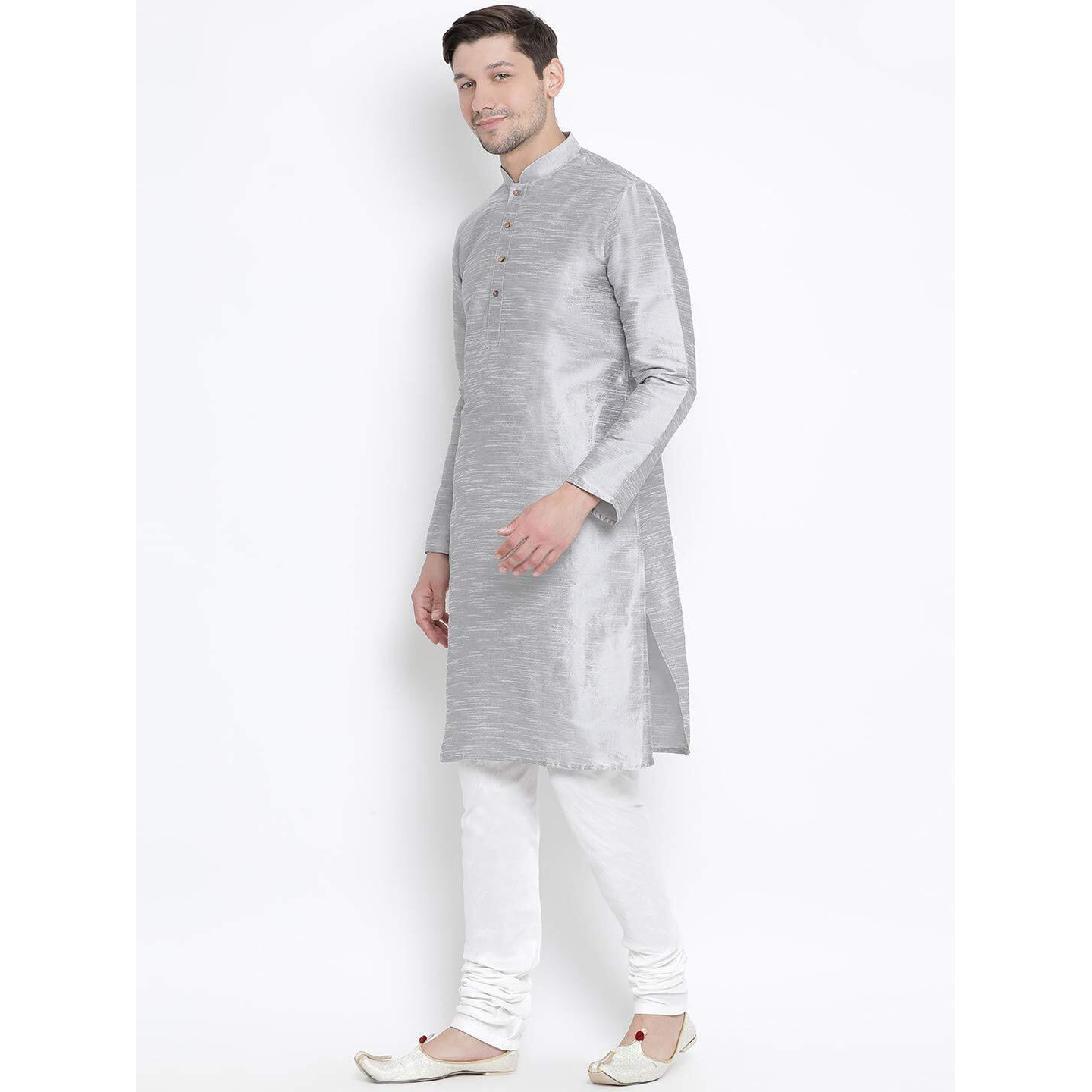 VASTRAMAY Men's Grey Cotton Silk Blend Kurta and Pyjama Set_VASMKGY001nPDWH_38