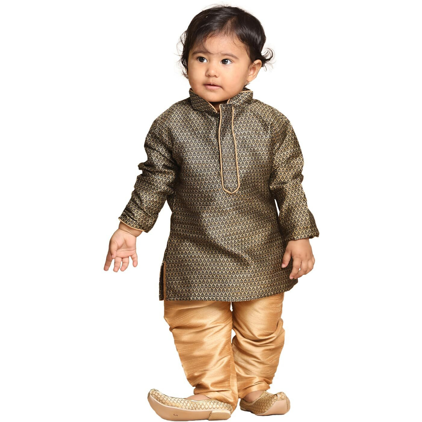 VASTRAMAY Infant Boys Black and Rose Gold Silk Blend Kurta Pyjama Set_VSHISBK047BLnPRG_18