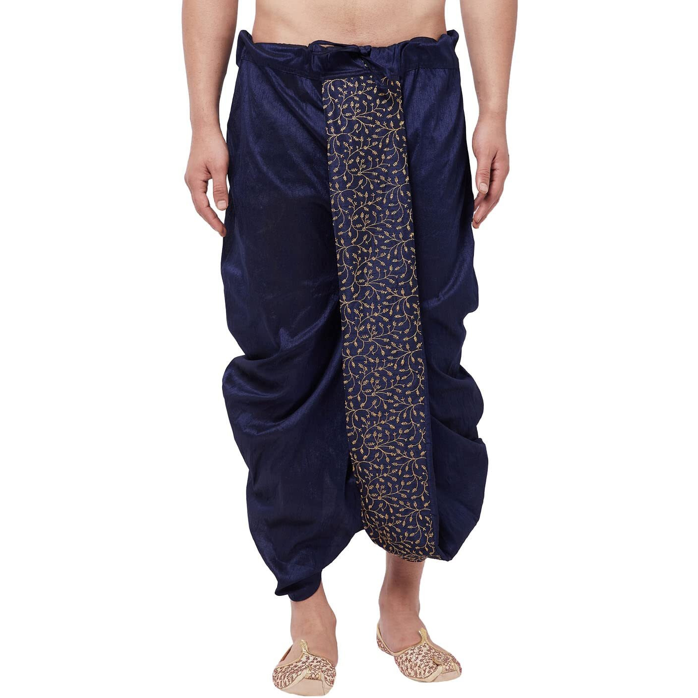 VASTRAMAY Men's Navy Blue Silk Blend Embroidered Dhoti_VASMDT011NB_F