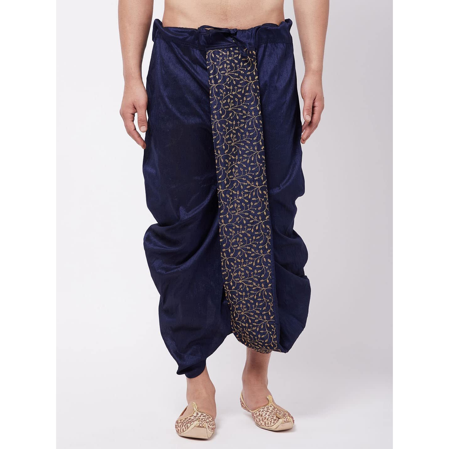 VASTRAMAY Men's Navy Blue Silk Blend Embroidered Dhoti_VASMDT011NB_F