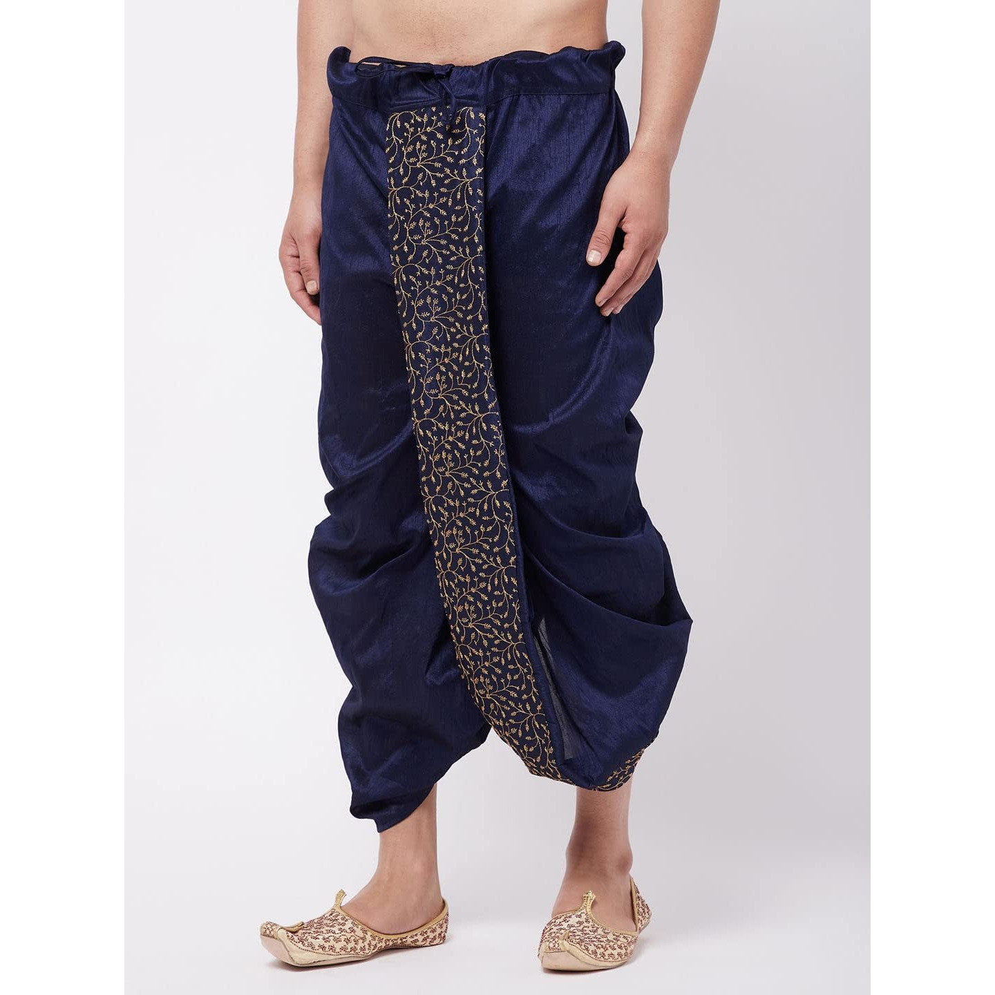 VASTRAMAY Men's Navy Blue Silk Blend Embroidered Dhoti_VASMDT011NB_F
