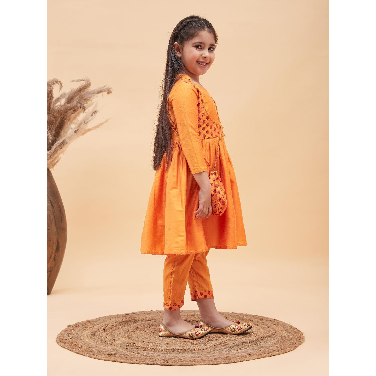 VASTRAMAY Girls Orange Anarkali Suit Set with Matching Bottom & Potli Bag  Elegant Ethnic Wear