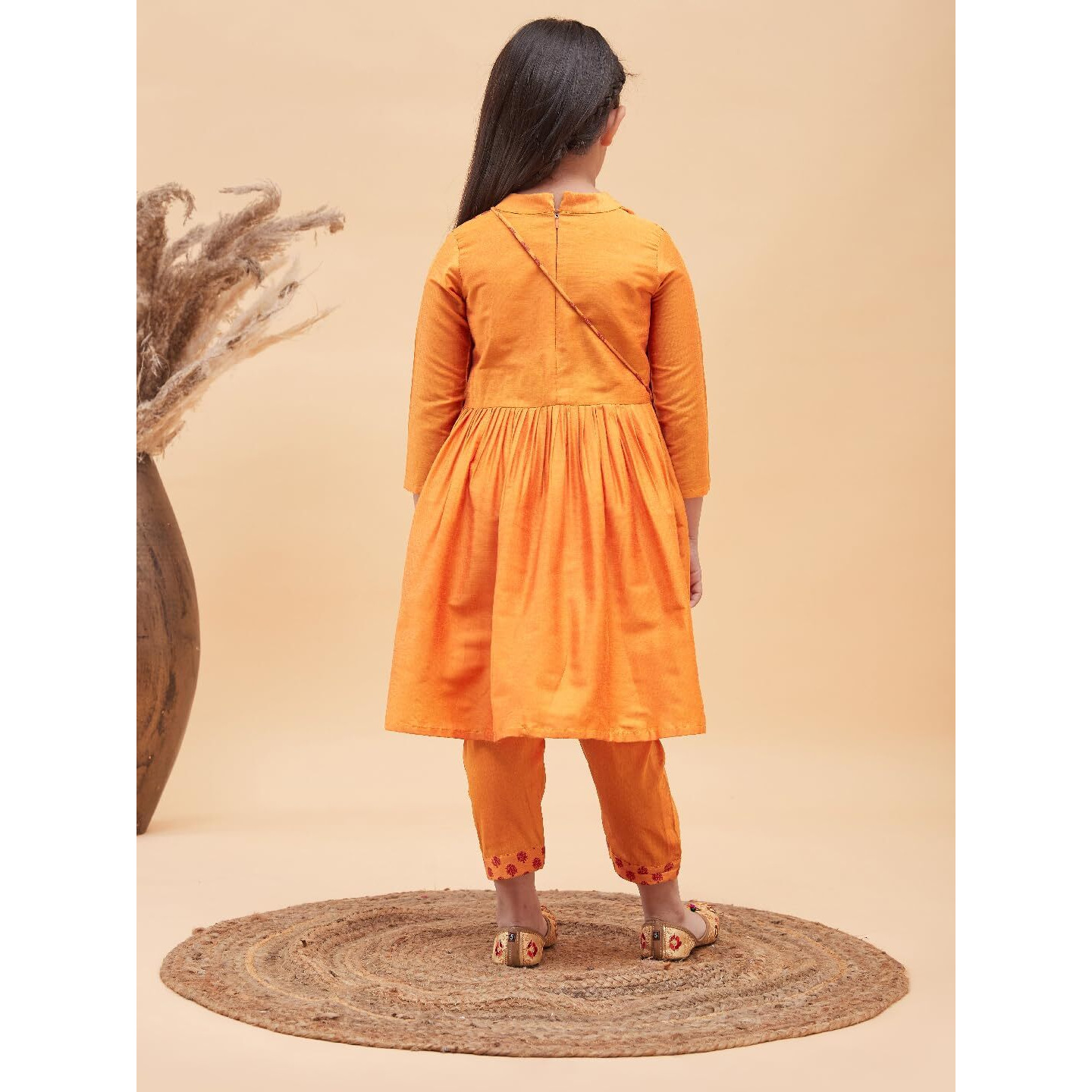 VASTRAMAY Girls Orange Anarkali Suit Set with Matching Bottom & Potli Bag  Elegant Ethnic Wear