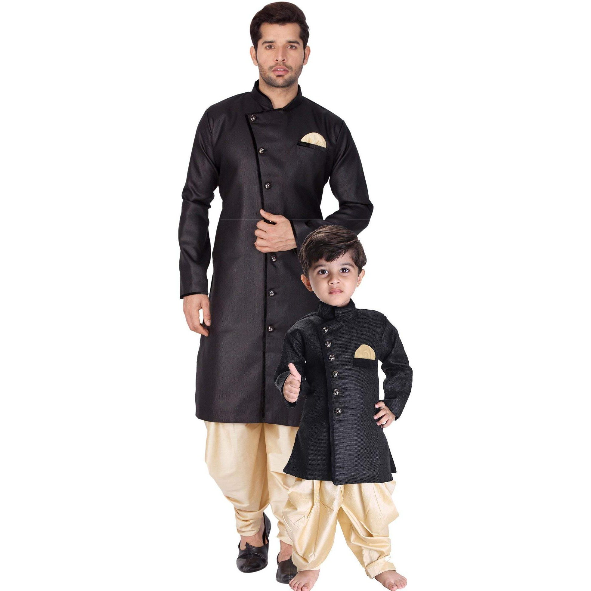 VASTRAMAY Baap Beta Black & Gold Sherwani Suit(40/14)