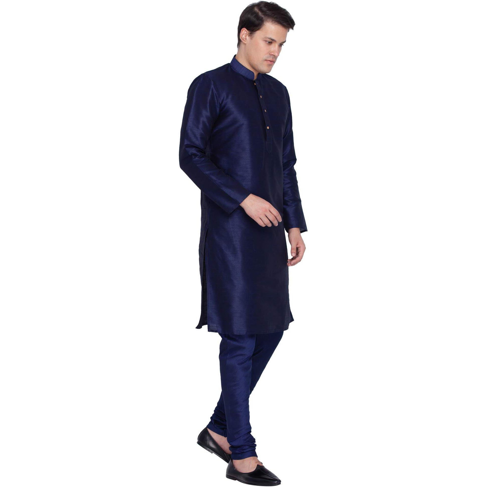 VASTRAMAY Men Cotton Silk Kurta and Pyjama Ethnicwear (VASMKNB001nPNB_46 Colour Blue Size 46)