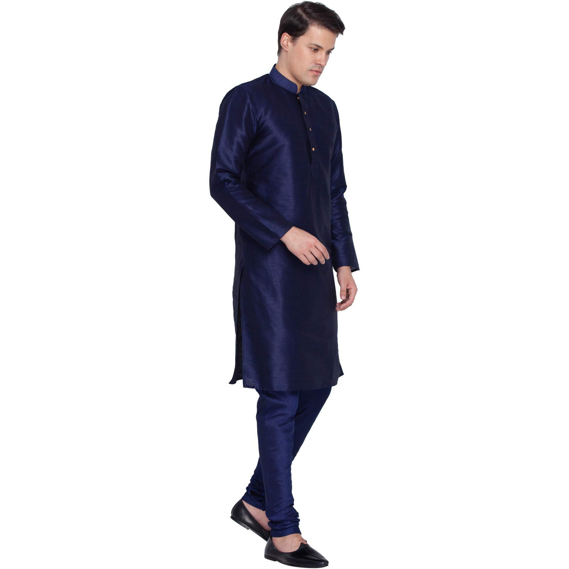 VASTRAMAY Men Cotton Silk Kurta and Pyjama Ethnicwear (VASMKNB001nPNB_46 Colour Blue Size 46)