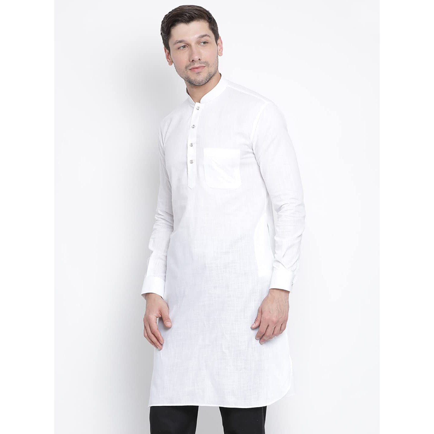 VASTRAMAY Men's White Cotton Linen Blend Kurta Cotton Linen Fabric. It has a Pockets and Cuff Sleeves. || Elegance for Holi & Eid Celebration_VASMPT001WH_44
