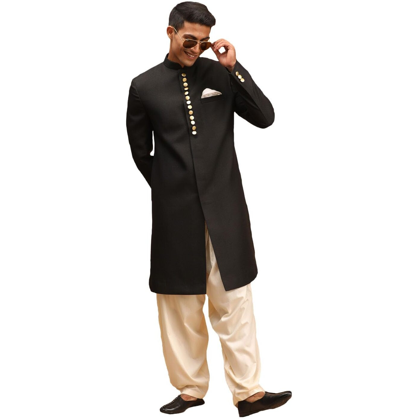 VASTRAMAY Men's Black And Cream Viscose Sherwani Set-HY5_VASMSW029BLnPTYCR_42