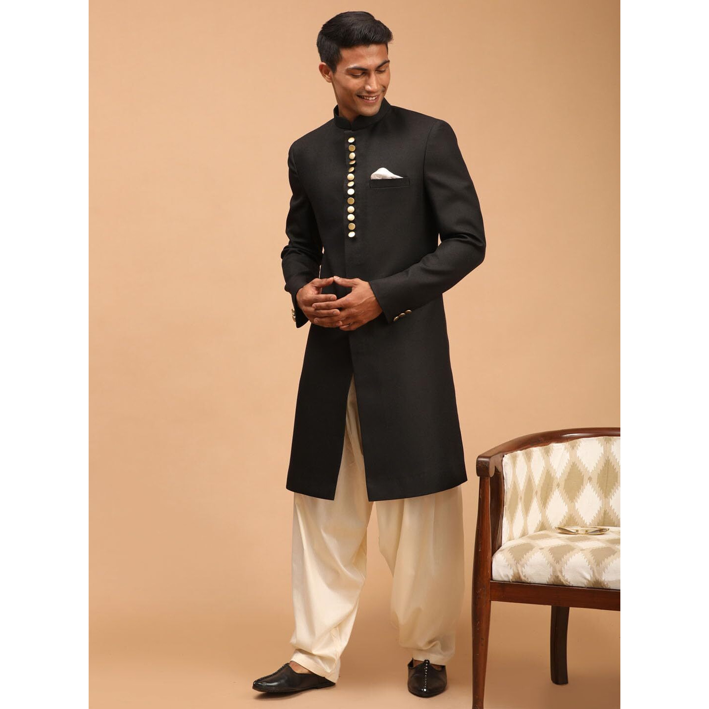 VASTRAMAY Men's Black And Cream Viscose Sherwani Set-HY5_VASMSW029BLnPTYCR_42