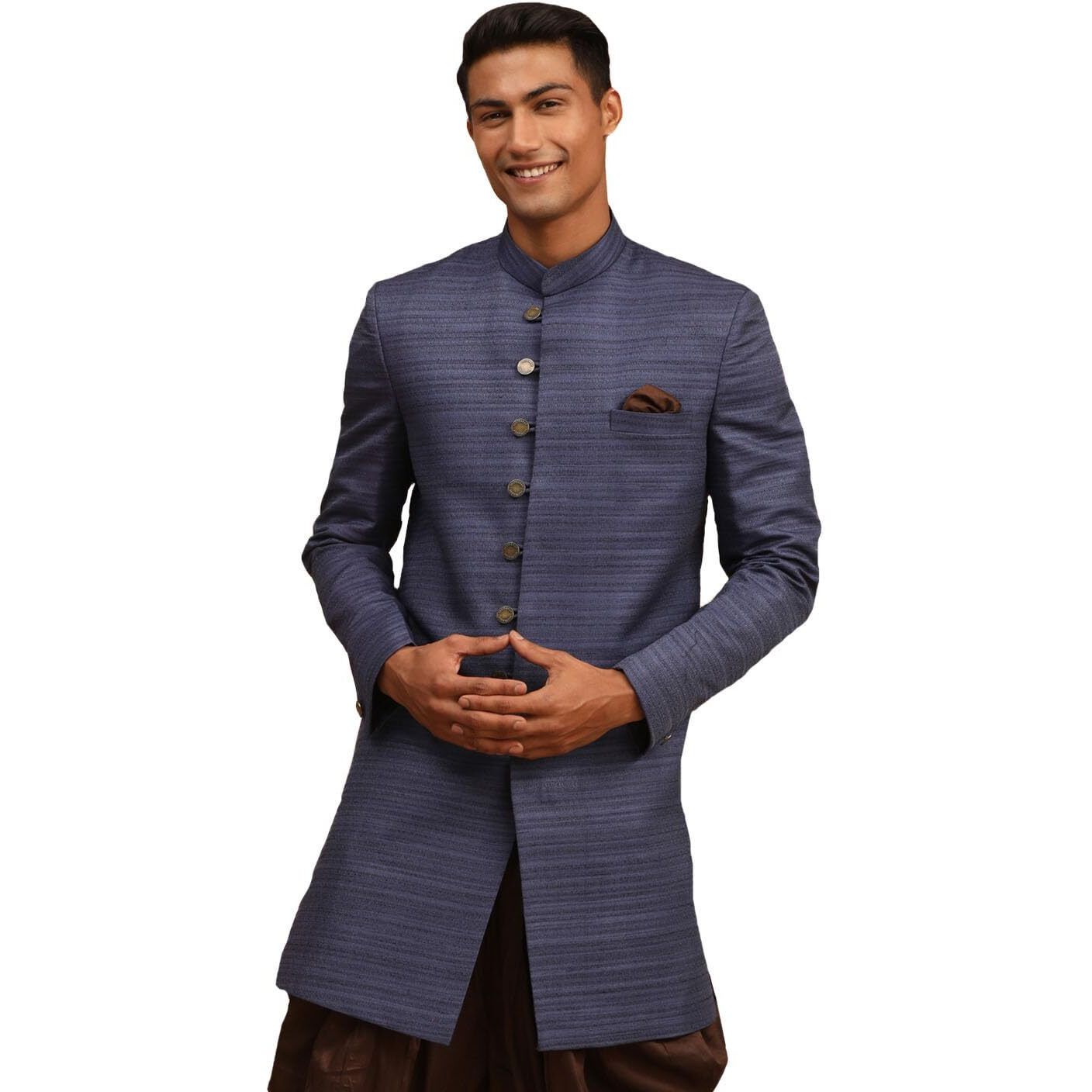 VASTRAMAY Men's Navy Blue Silk Blend Sherwani Only Top-YU53_VASMIW032NB_38