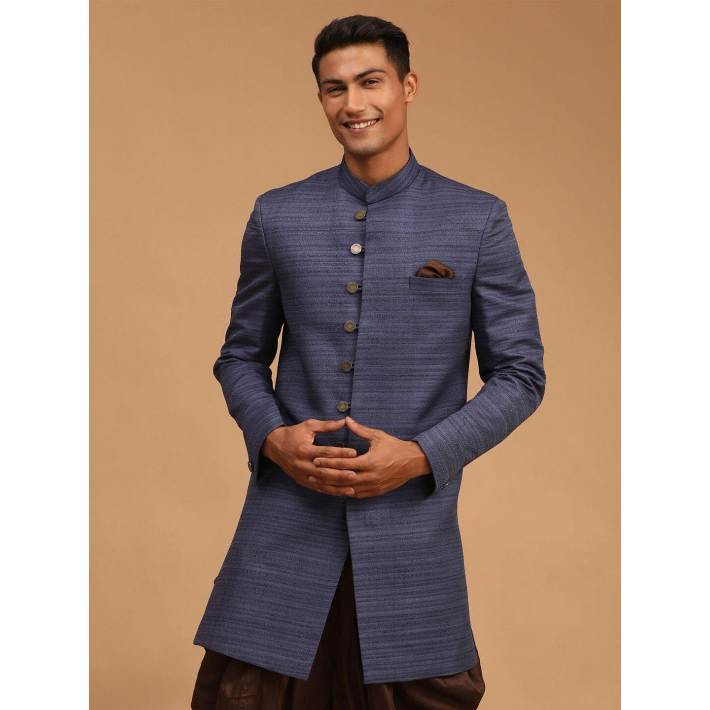VASTRAMAY Men's Navy Blue Silk Blend Sherwani Only Top-YU53_VASMIW032NB_38