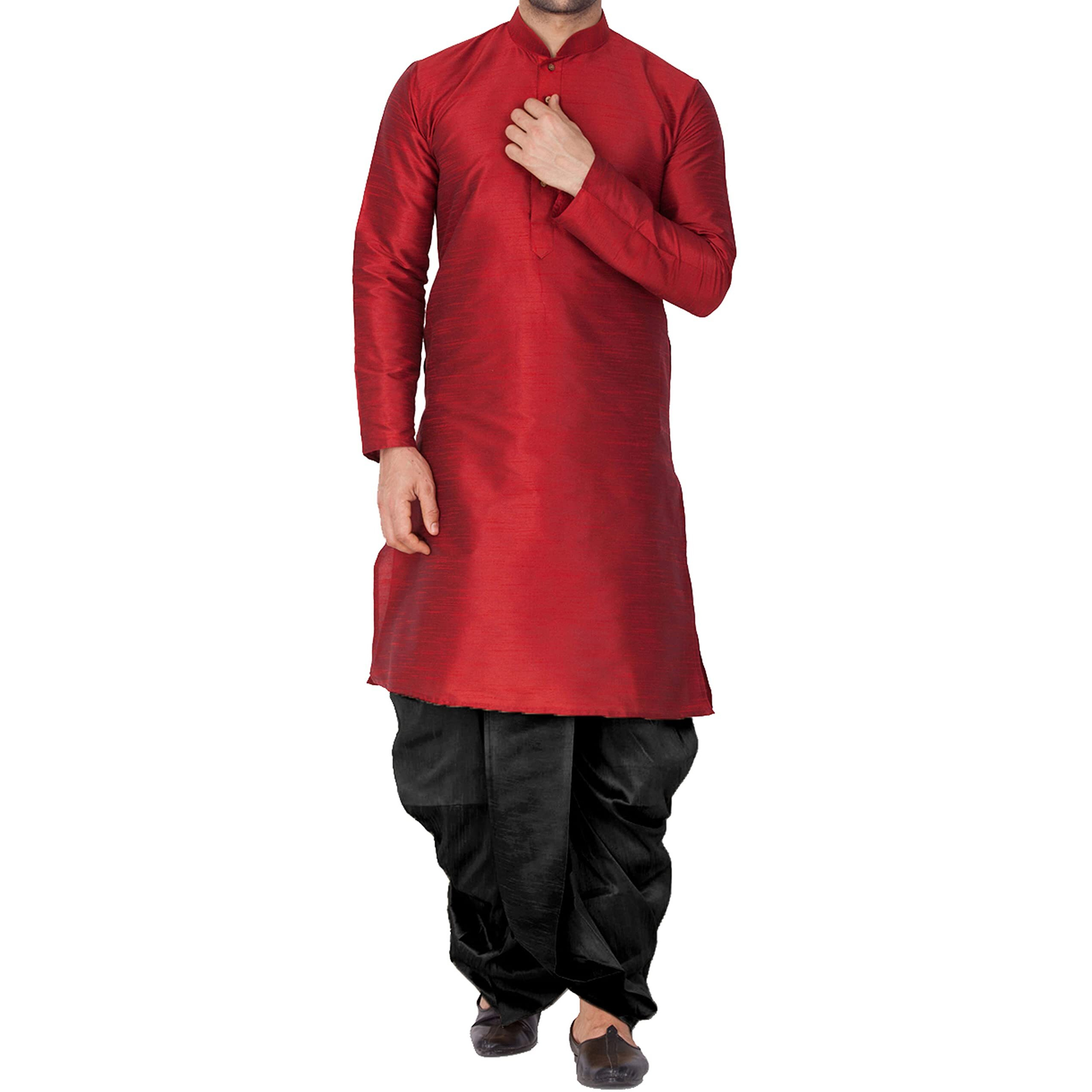 VASTRAMAY Men Cotton Silk Kurta and Dhoti Pant Set (Maroon_VASMKMA001nDTBL_42)