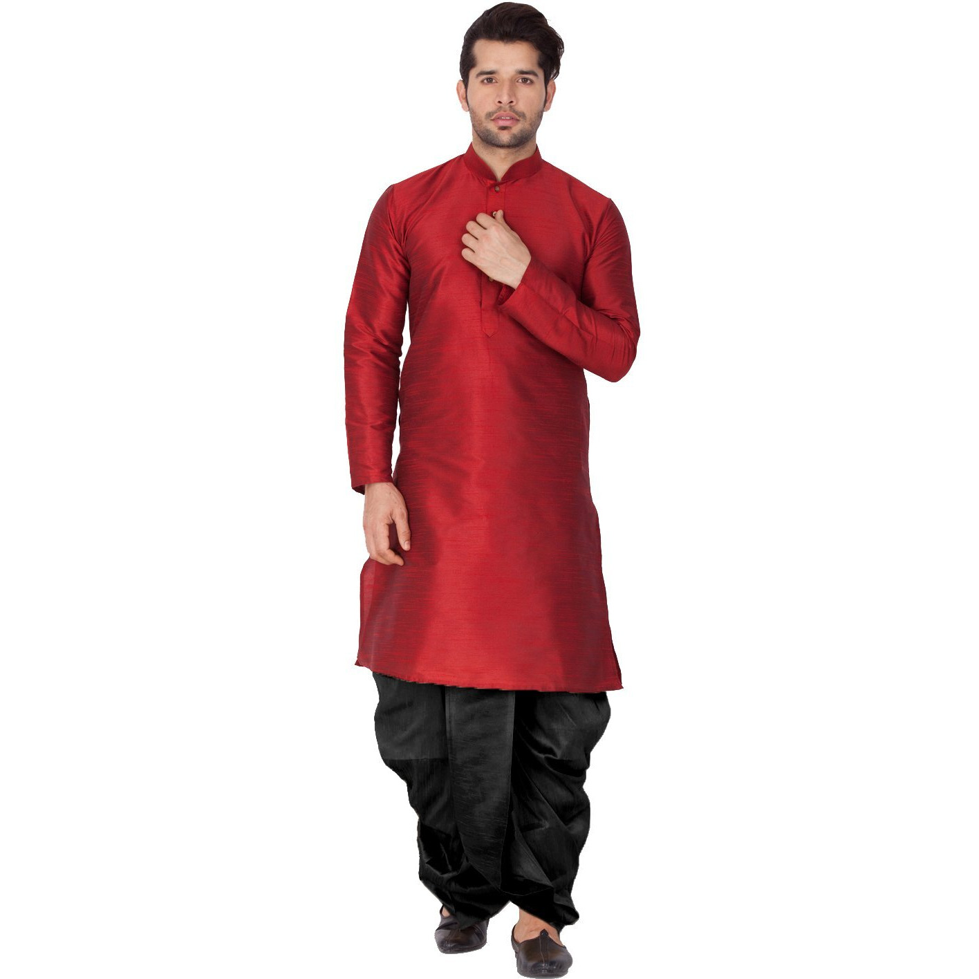 VASTRAMAY Men Cotton Silk Kurta and Dhoti Pant Set (Maroon_VASMKMA001nDTBL_42)