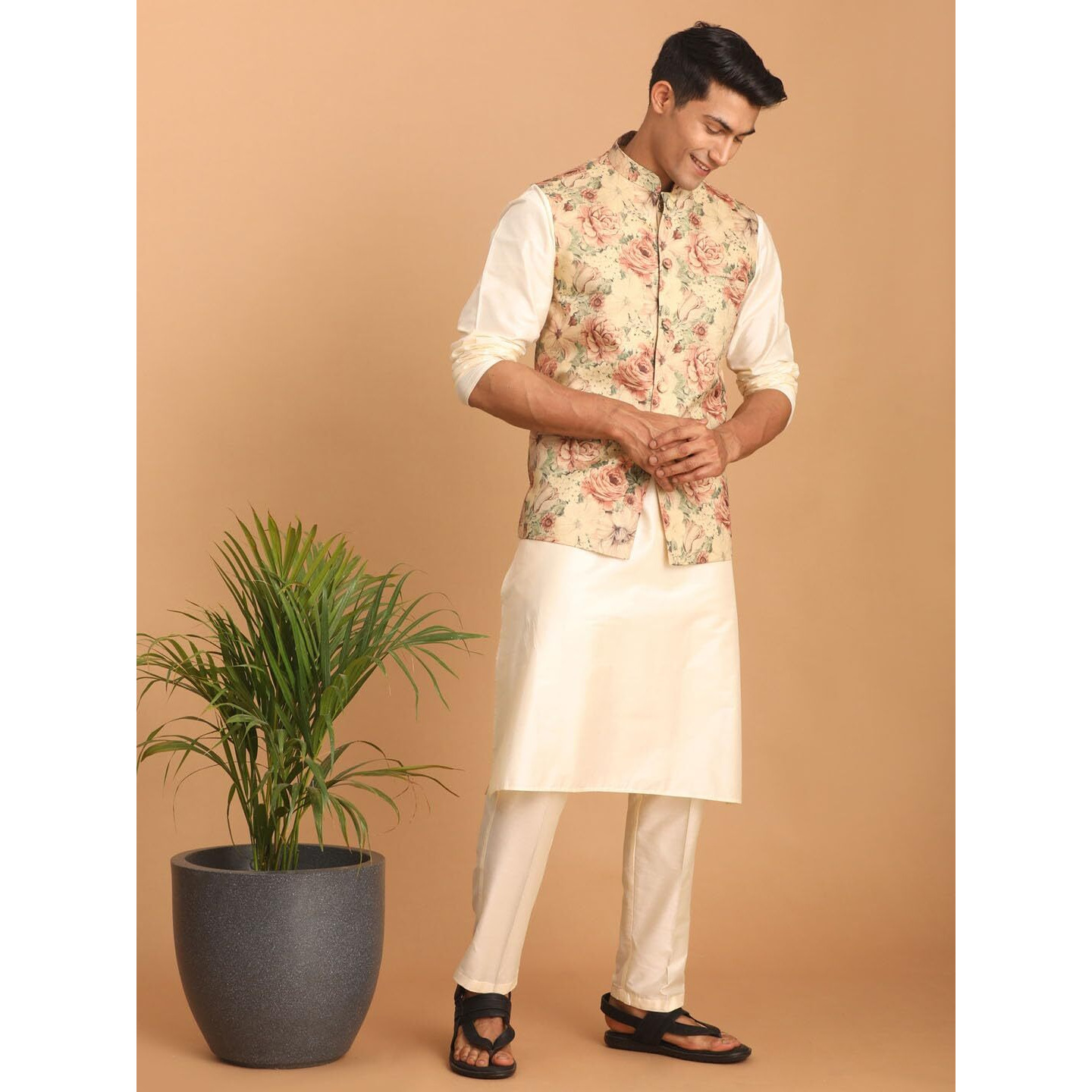 VASTRAMAY Classic Flower Print Silk Blend Printed Nehru Jacket with Kurta and Pant Style Pyjama  Elegant Ethnic Wear for Men