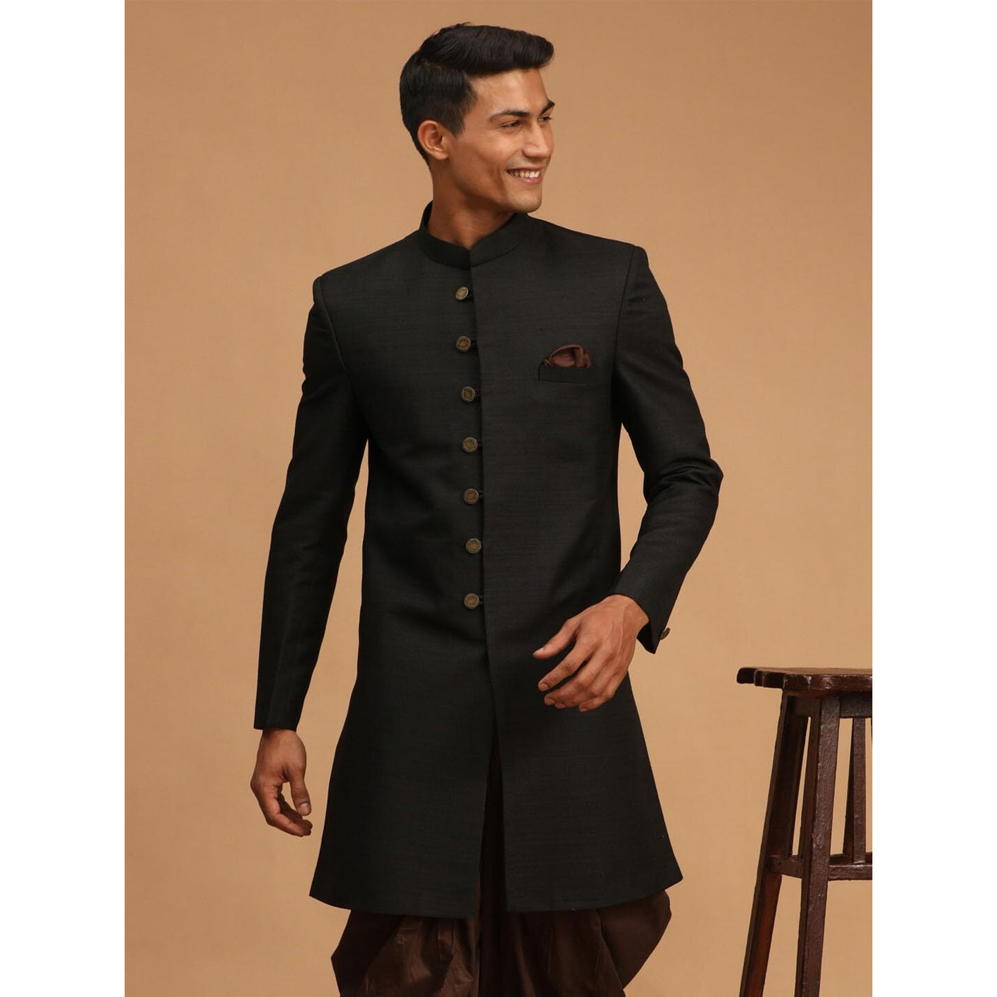 VASTRAMAY Men's Black Silk Blend Sherwani Only Top