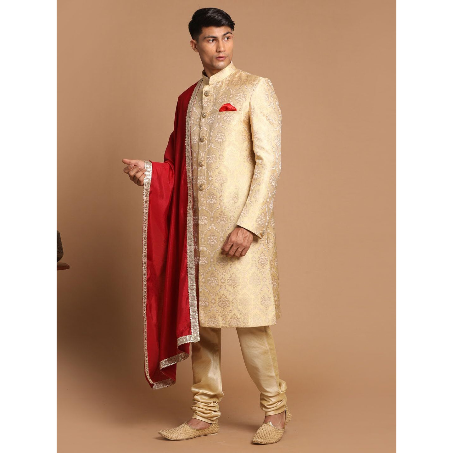 VASTRAMAY Men's Gold, Beige And Maroon Silk Blend Sherwani Set - A Set Of Brocade Sherwani And Pyjama With Dupatta